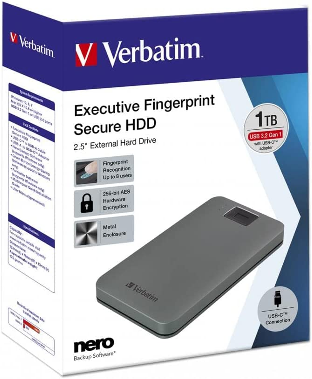 VERBATIM 53652 2,5\'\' HDD TB 3.2 FINGERPRINT, Zoll, HDD, USB extern, EXTERNE Silber 2,5 1TB 1