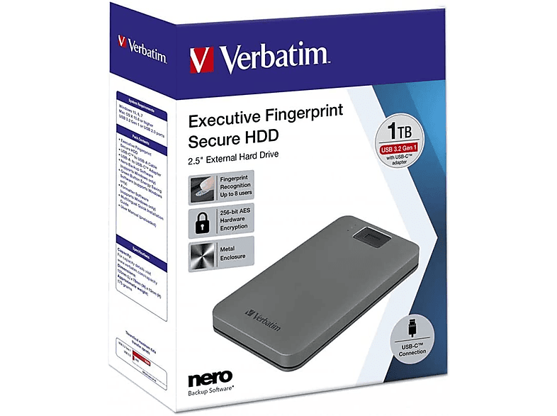 TB HDD USB FINGERPRINT, EXTERNE 1TB Zoll, 1 3.2 VERBATIM HDD, 53652 2,5 extern, Silber 2,5\'\'
