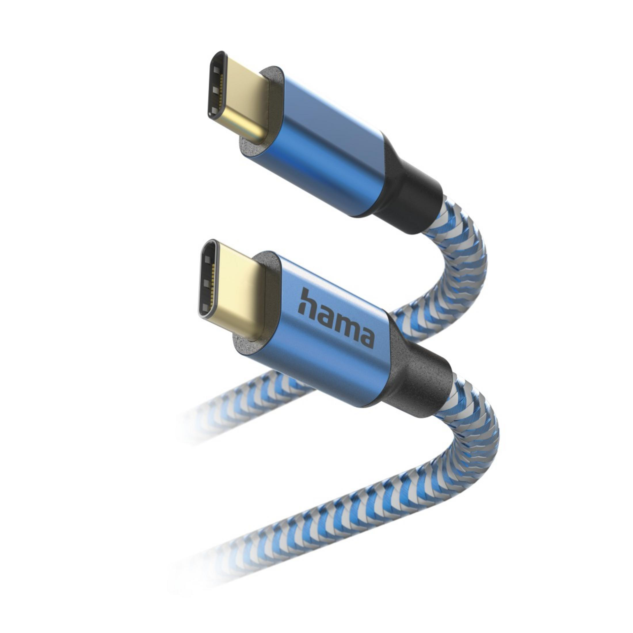 Zwei USB-C-Kabel, blau und silber, mit 'hama'-Logo, auf weißem Untergrund, schräg und nah.