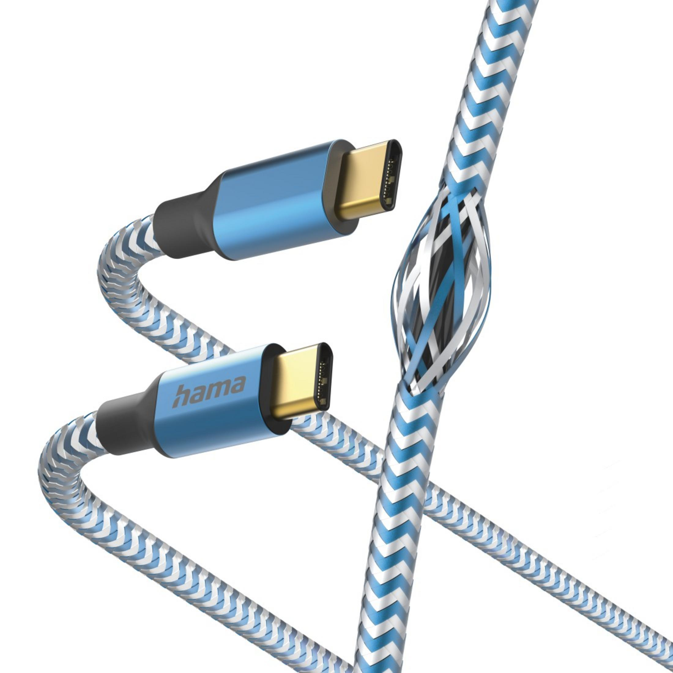 Blau-weiße USB-C-Kabel mit blauen Steckern. Ein Kabel ist aufgeschnitten, um die innere Struktur zu zeigen.