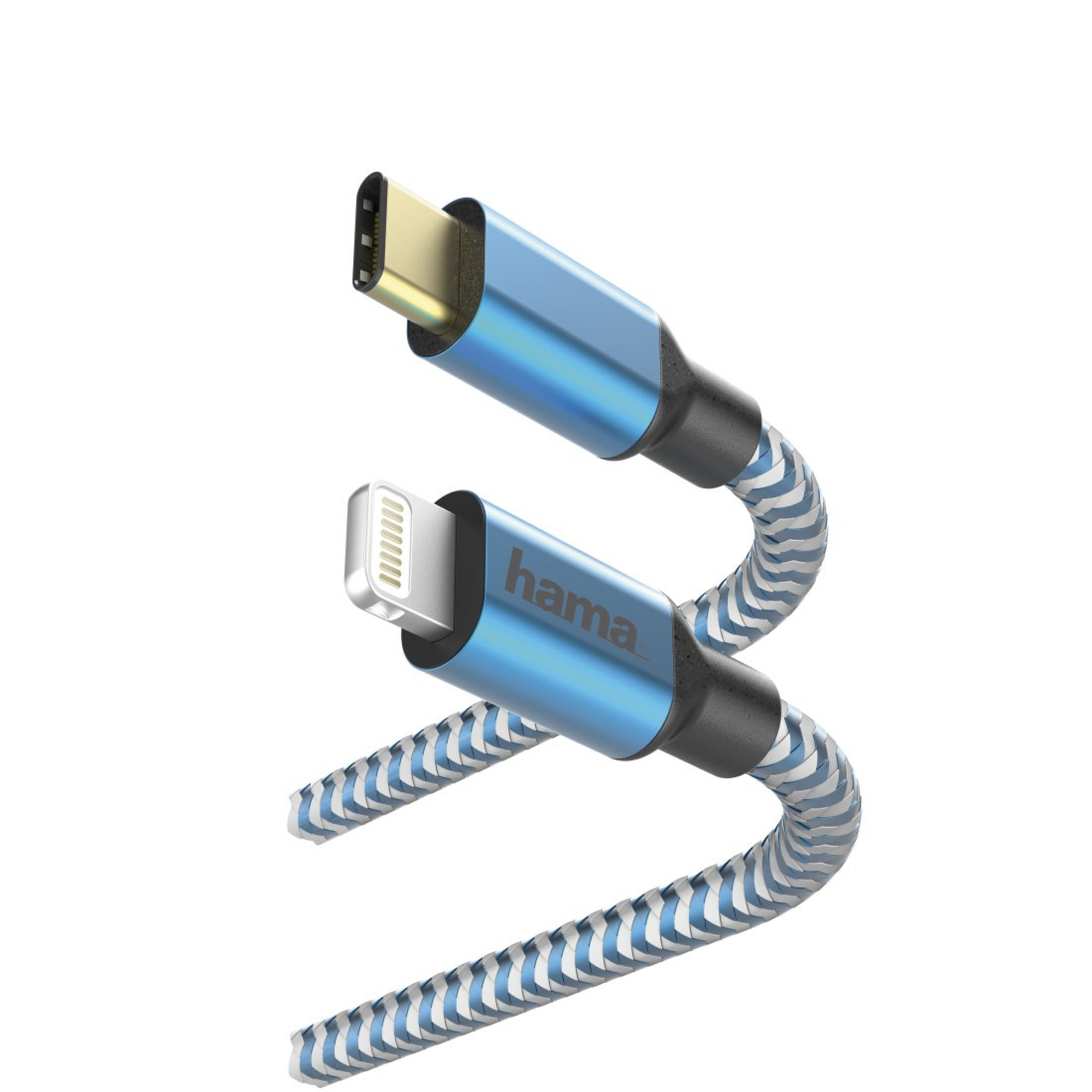 Blau-silber geflochtenes USB-C-zu-Lightning-Kabel.