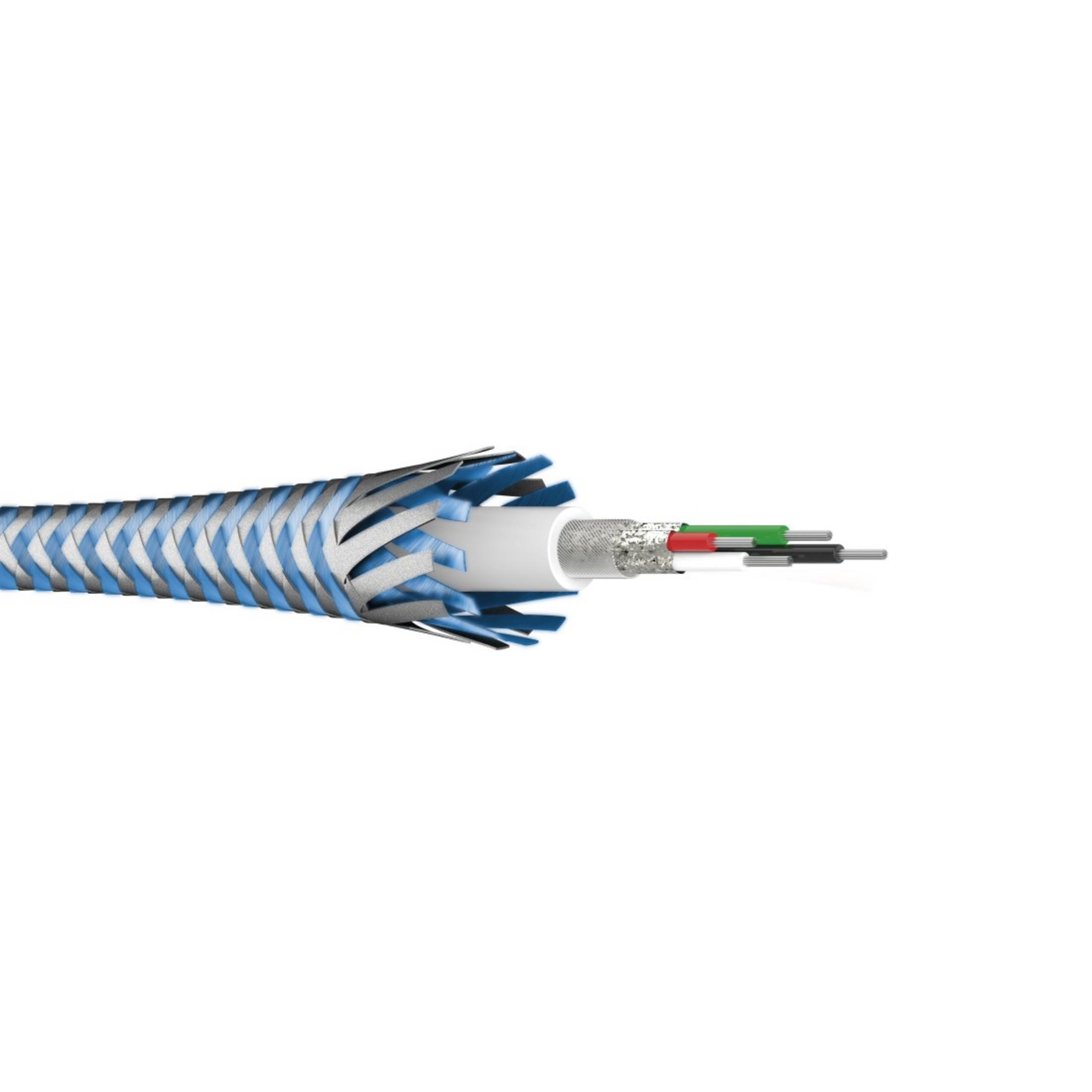 Querschnitt durch ein blau-silbernes Kabel. Zeigt Innenleiter und Abschirmung.