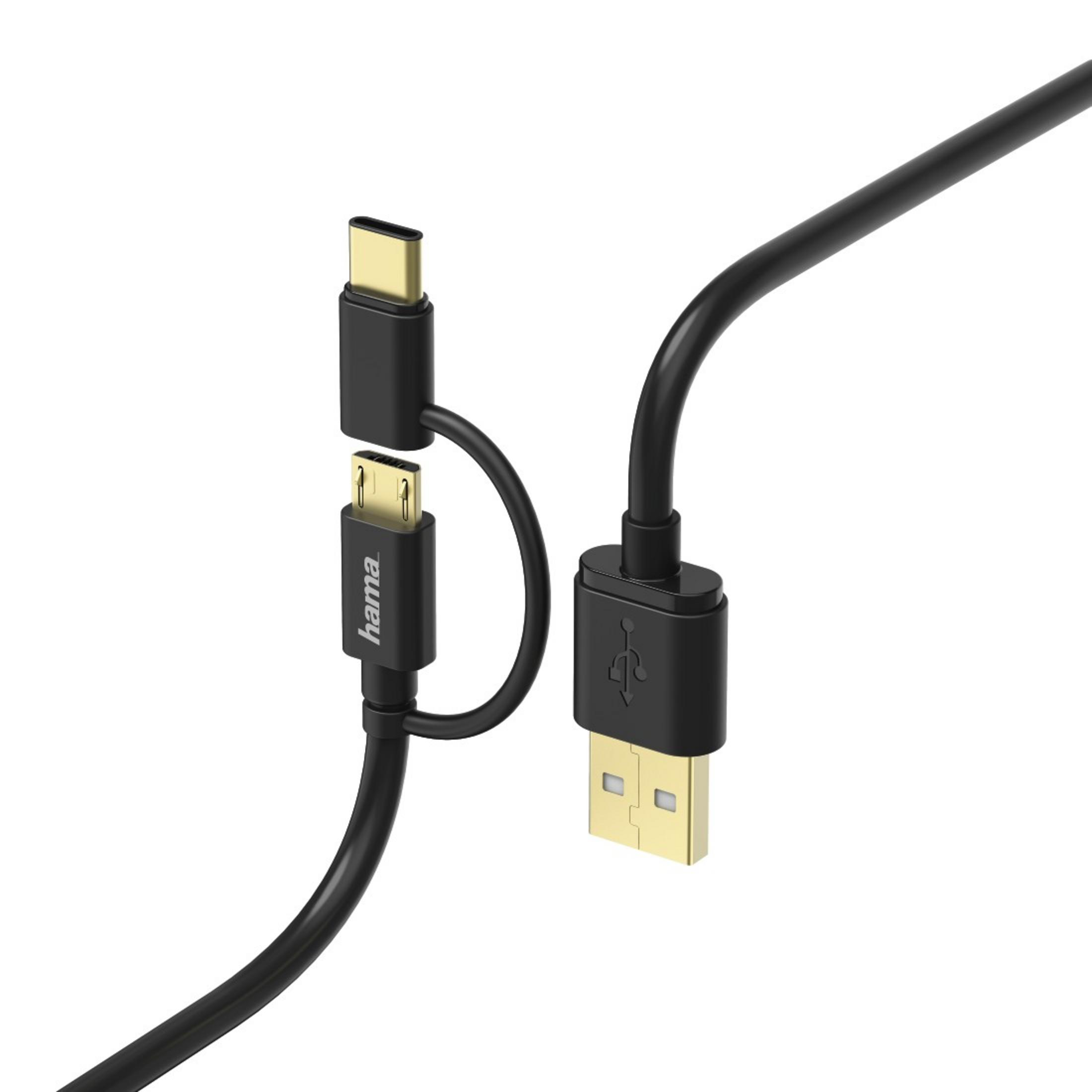 Czarny kabel USB-C do USB i Micro USB, ze złotym złączem USB.