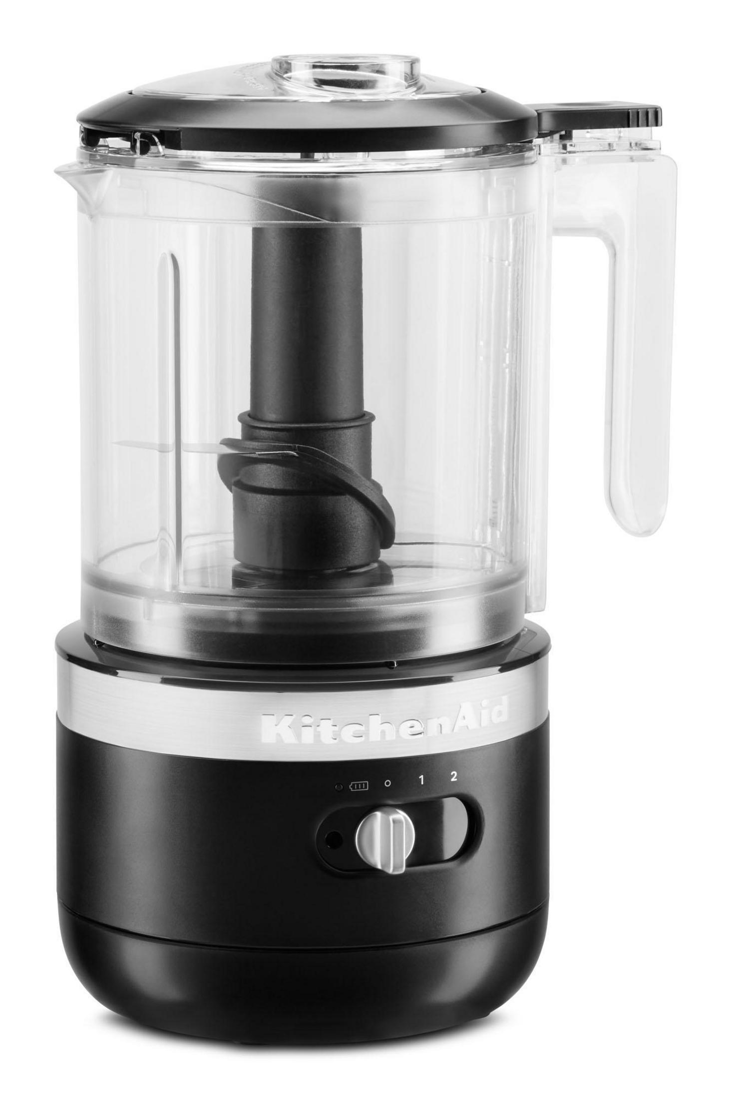 Schwarze und silberne KitchenAid Küchenmaschine mit klarer Schüssel und Griff.