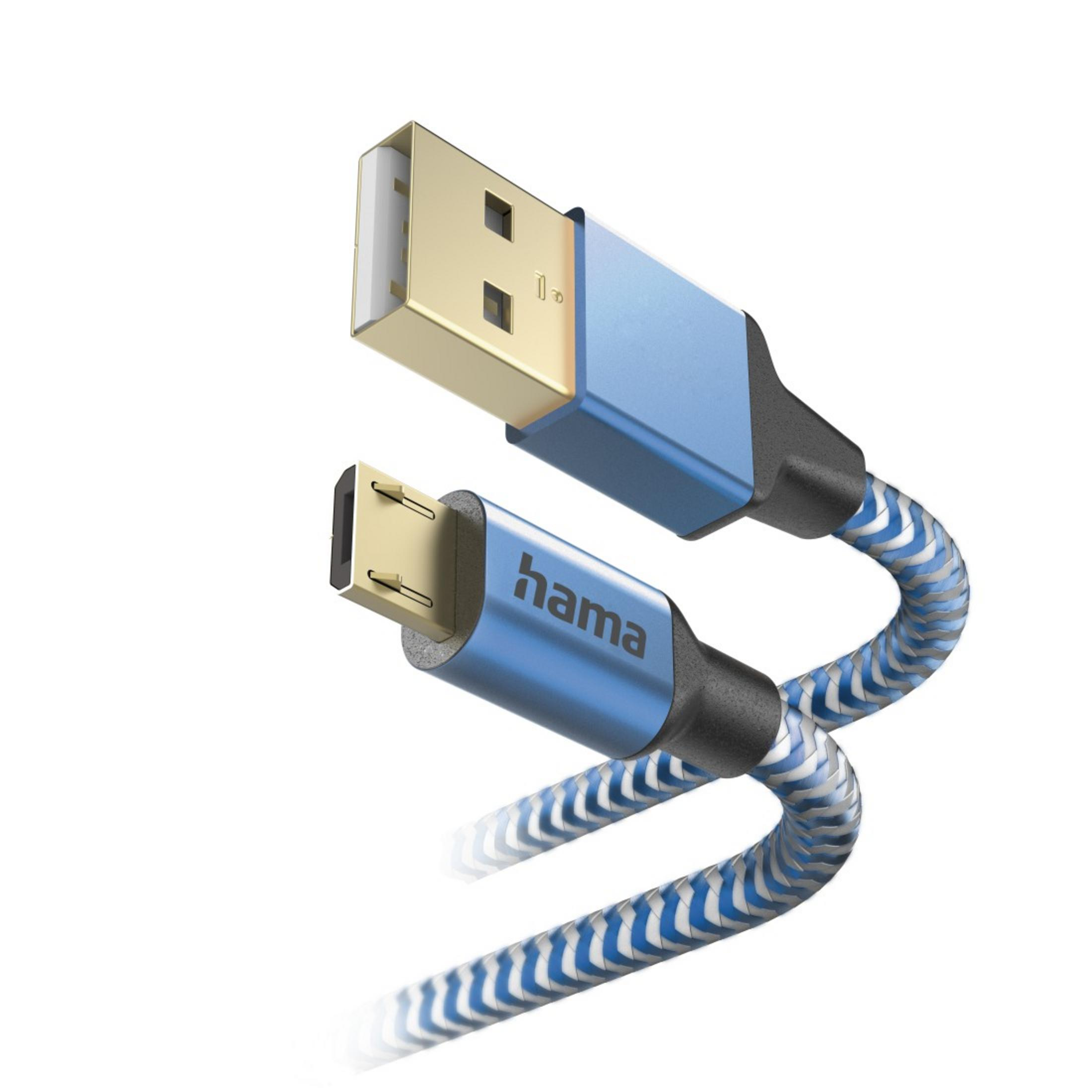 Câble USB bleu et blanc avec un connecteur USB doré et un connecteur micro USB.