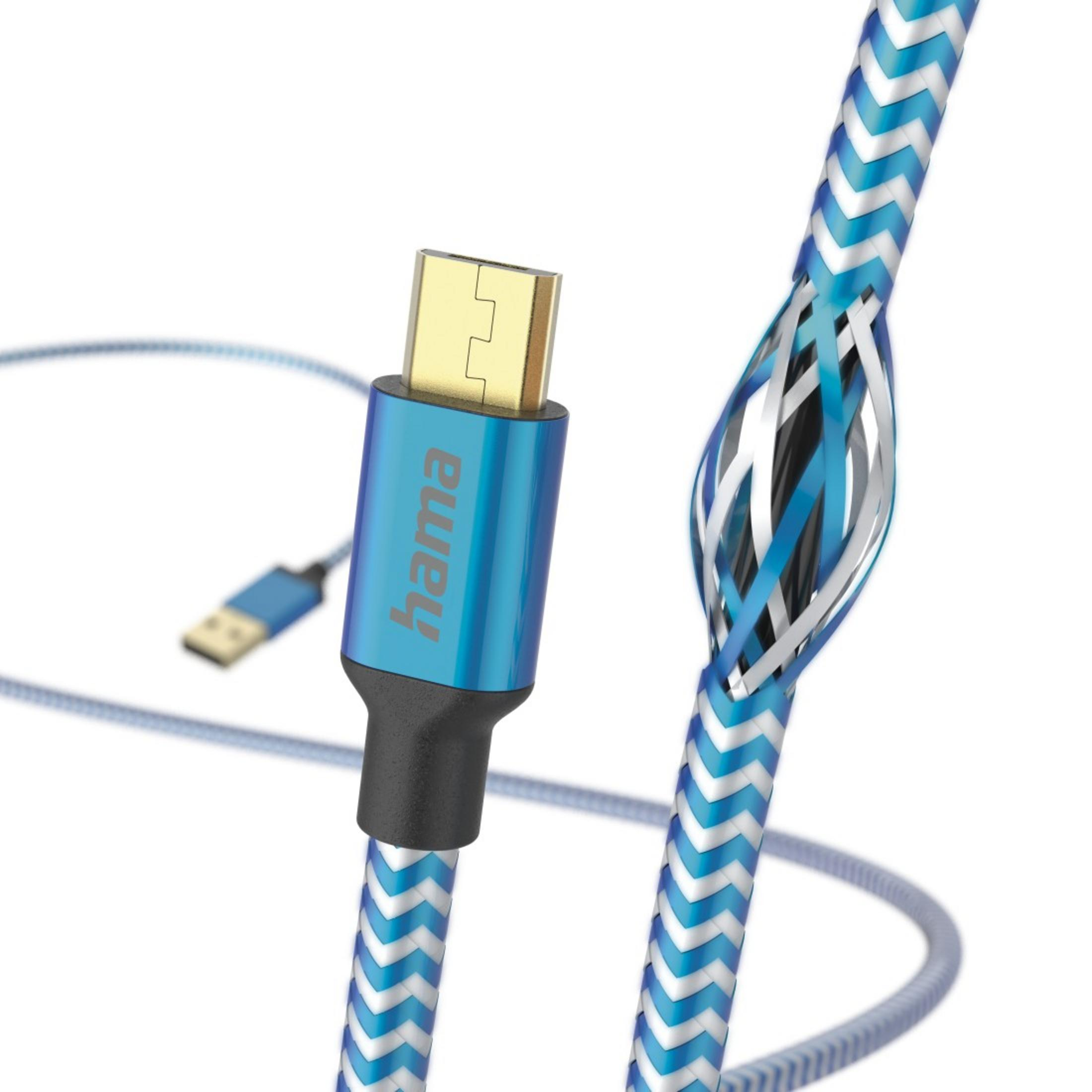 Câble USB-C bleu et blanc avec connecteur doré et logo 'hama' bleu.