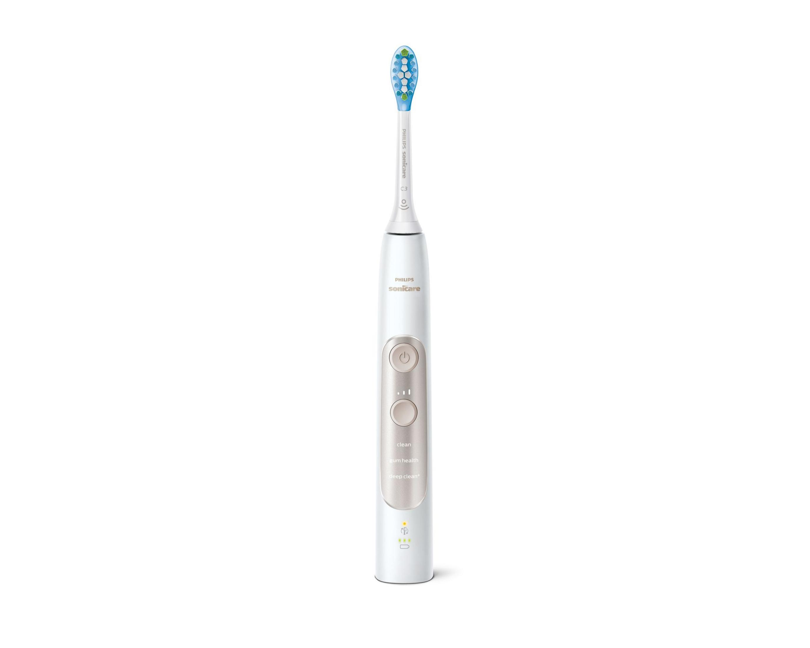 Weiße Philips Sonicare elektrische Zahnbürste, mit Knöpfen und einem blau-grünen Bürstenkopf.