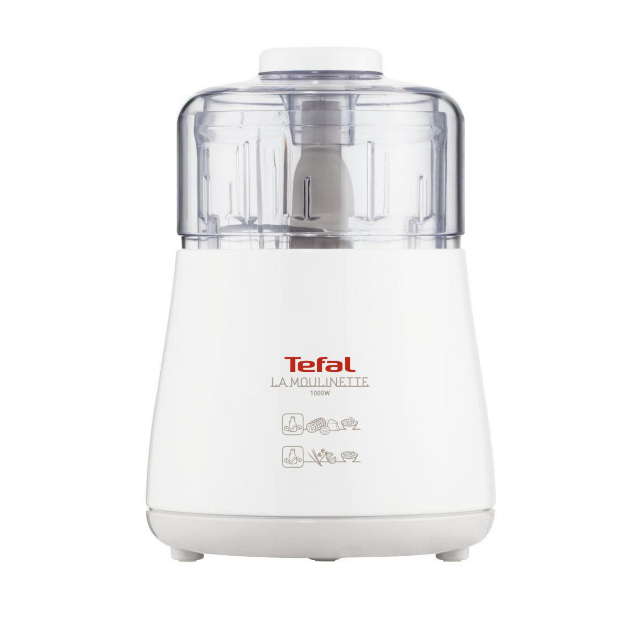 Un robot da cucina Tefal La Moulinette bianco. Ha un coperchio trasparente e una base bianca.