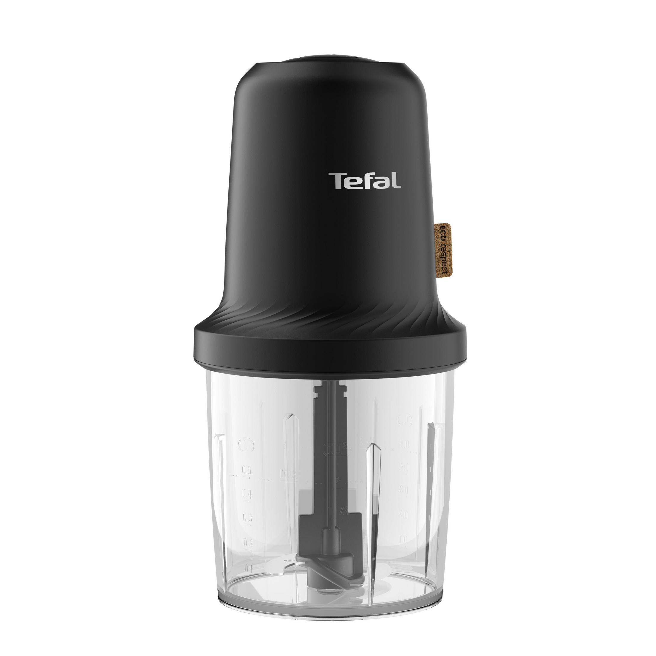 Tritatutto Tefal nero con un contenitore trasparente. Ha un coperchio nero. Sfondo bianco.