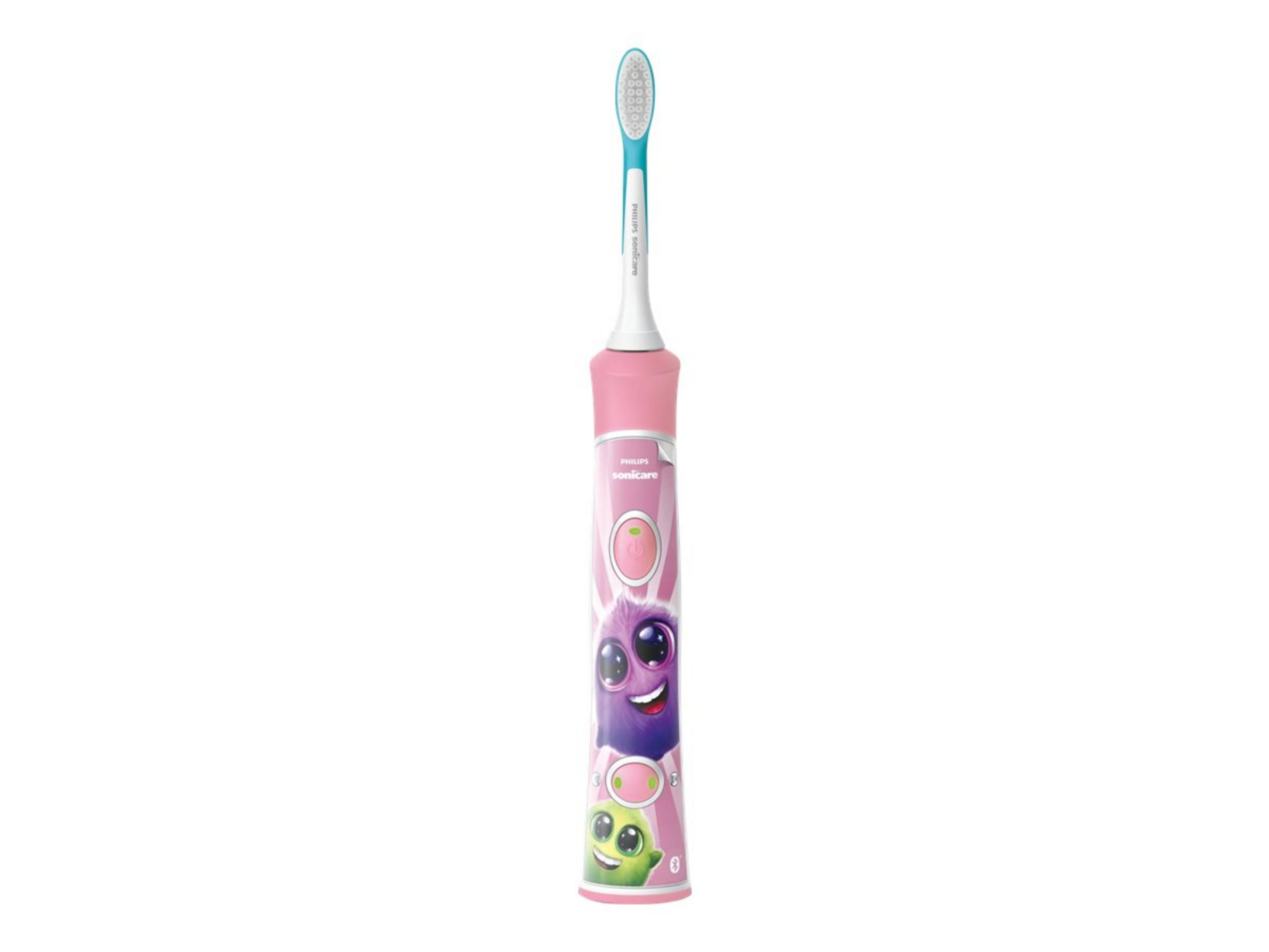 Un cepillo de dientes eléctrico rosa con diseño de dibujos animados y cabezal azul.