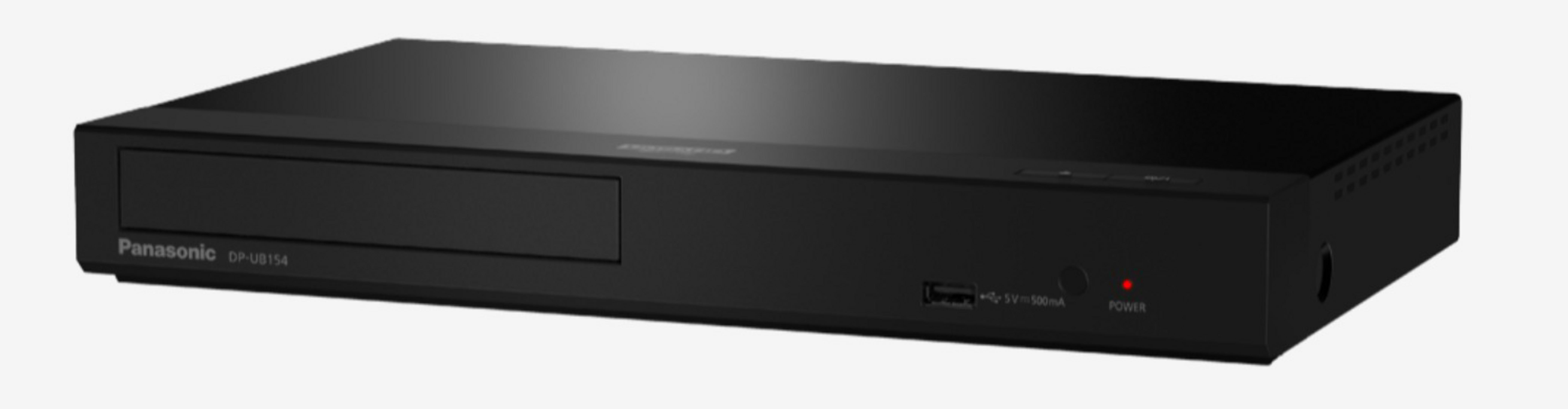 Czarny odtwarzacz Blu-ray Panasonic na białym tle. Z przodu port USB i wskaźnik zasilania.