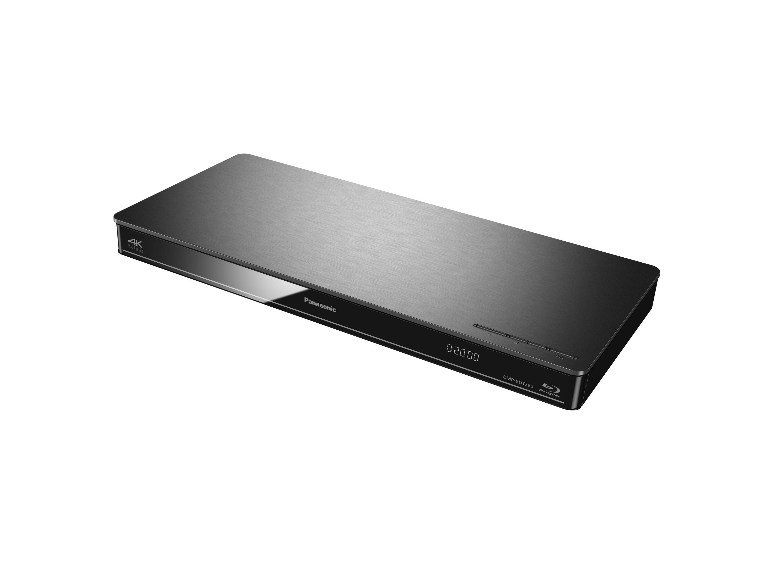 Reproductor Blu-ray 4K Panasonic negro. Rectangular, acabado metálico cepillado y pantalla.