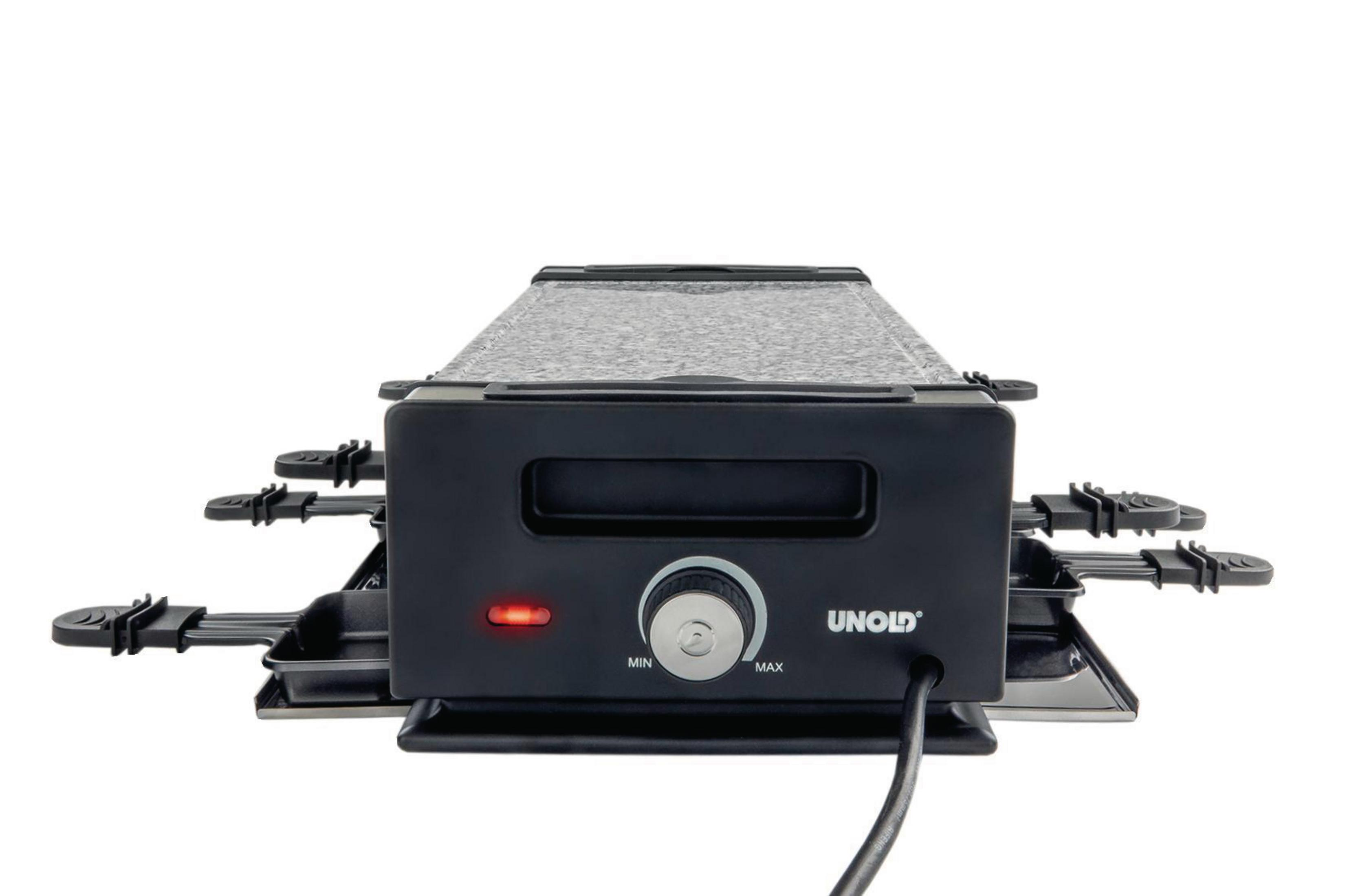 Grill do raclette. Czarny i srebrny. Kamienny blat, regulowana temperatura, białe tło.