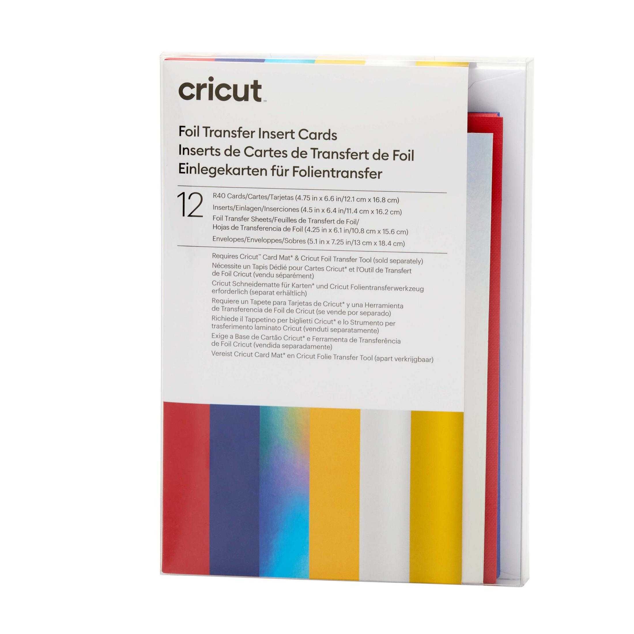 Cricut Folientransfer-Einsatzkarten, verschiedene Farben. Verpackt in einer transparenten Box, weißer Hintergrund.