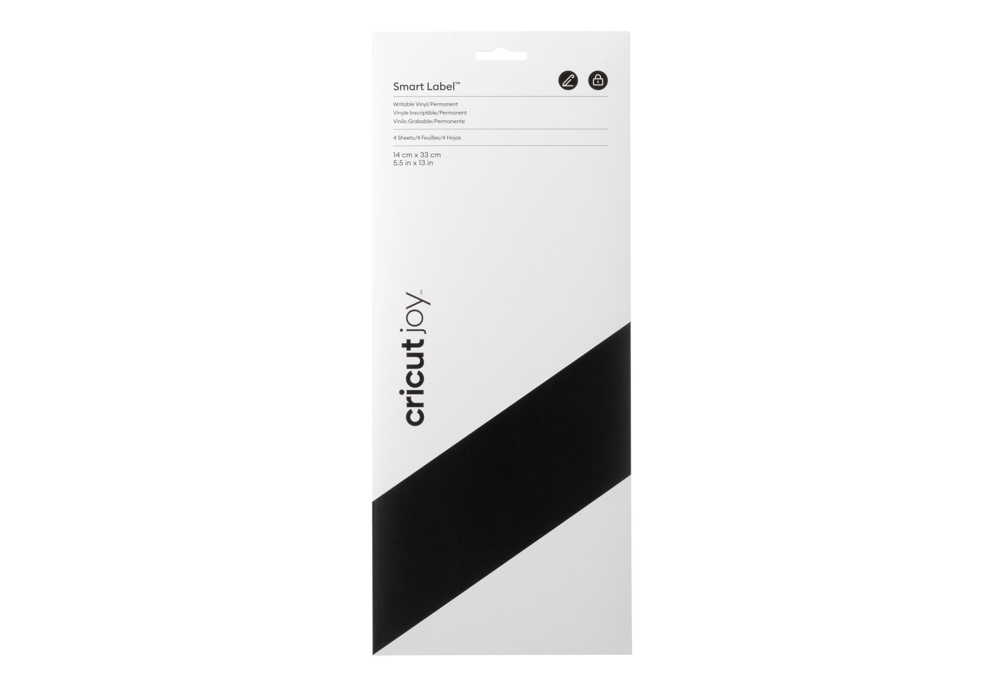 Rotolo di vinile per etichette intelligenti Cricut Joy bianco e nero in confezione.