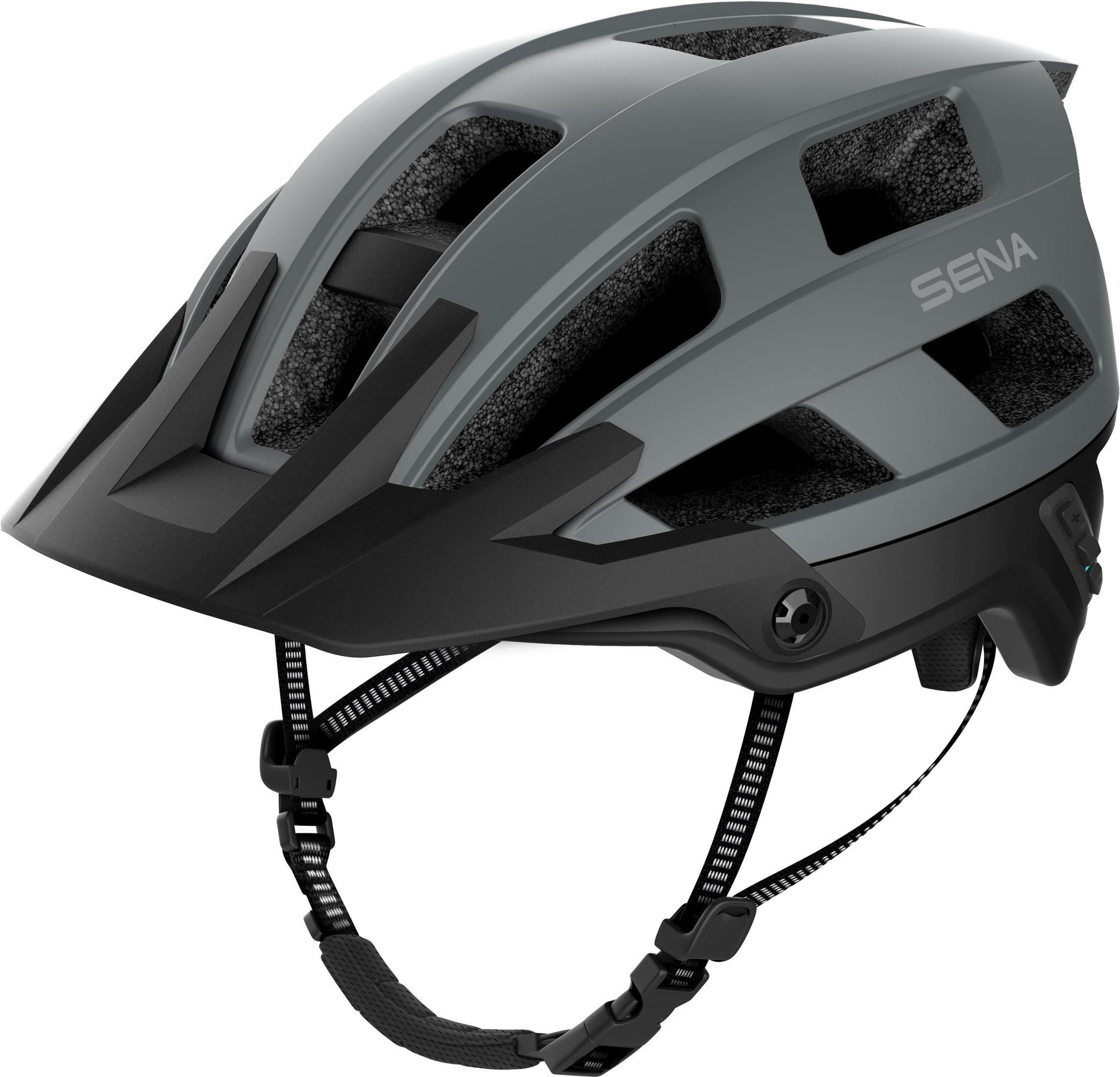 Grau-schwarzer Fahrradhelm mit Visier und Riemen. Sena-Logo sichtbar.