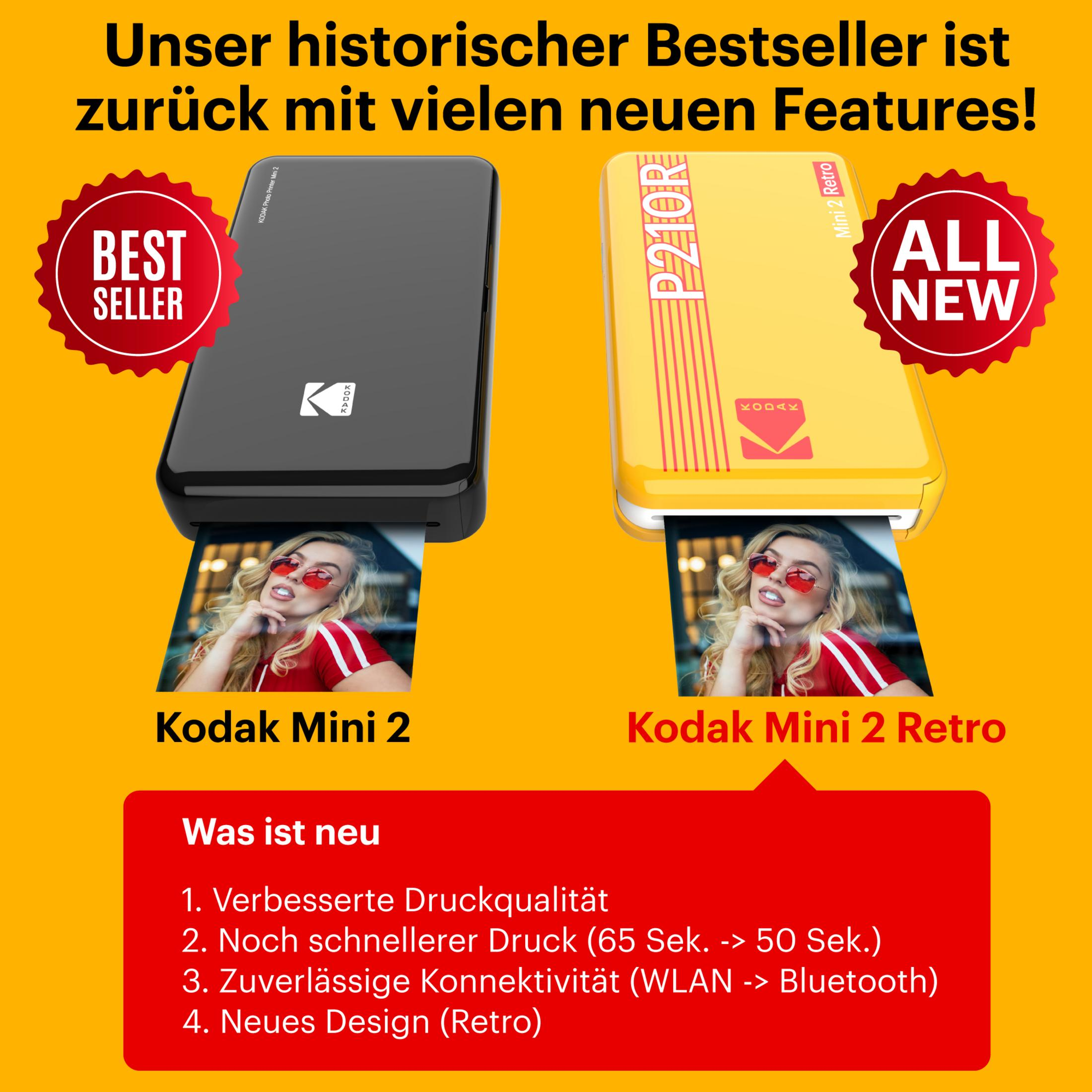 Kodak Mini 2 und Kodak Mini 2 Retro Drucker. Bestseller und alle neuen Etiketten. Rot und Gelb.