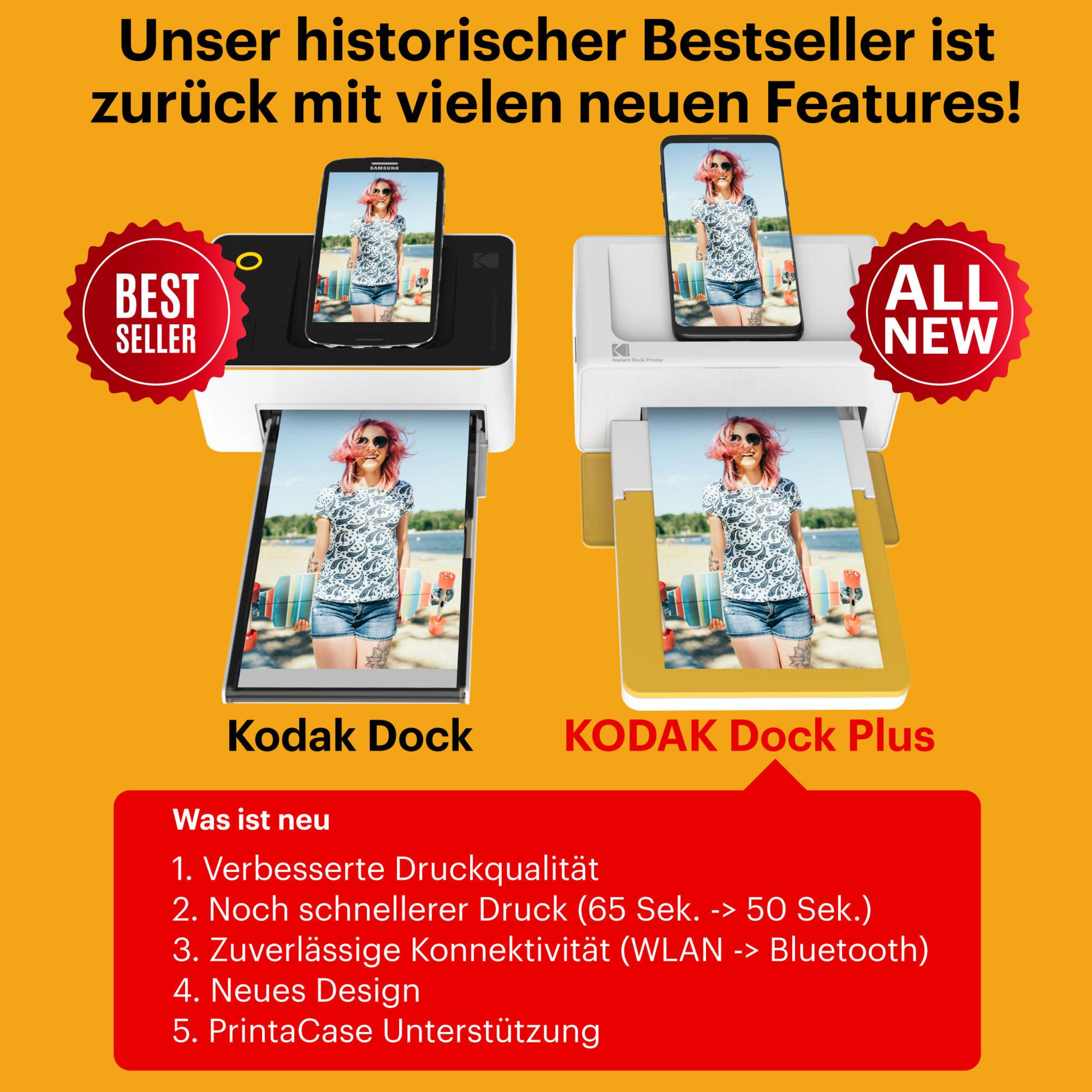 Due stampanti Kodak Dock con telefoni, una 'Best Seller', l'altra 'All New', con elenco nuove funzioni.