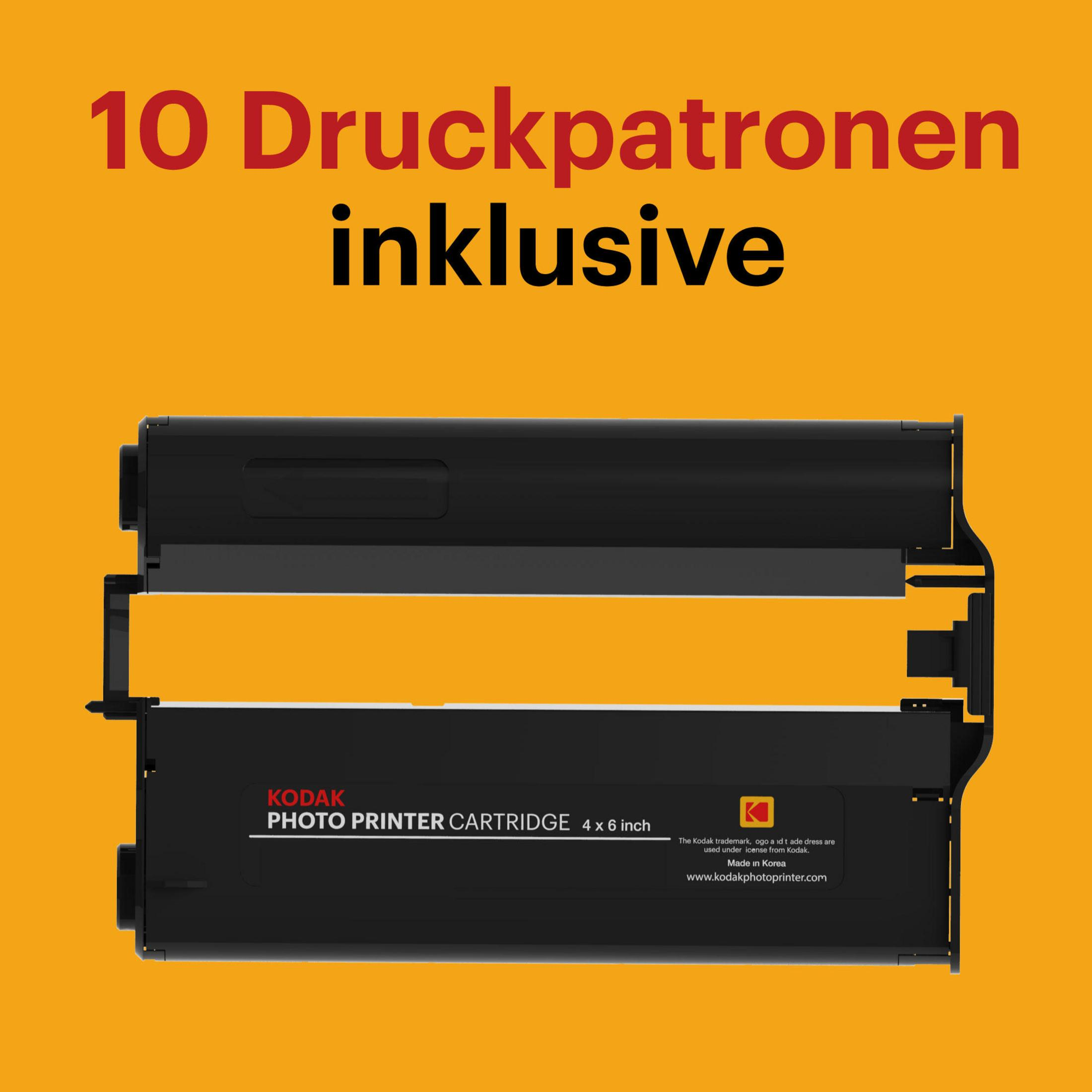 Una cartuccia per stampante fotografica Kodak nera con testo su sfondo giallo.