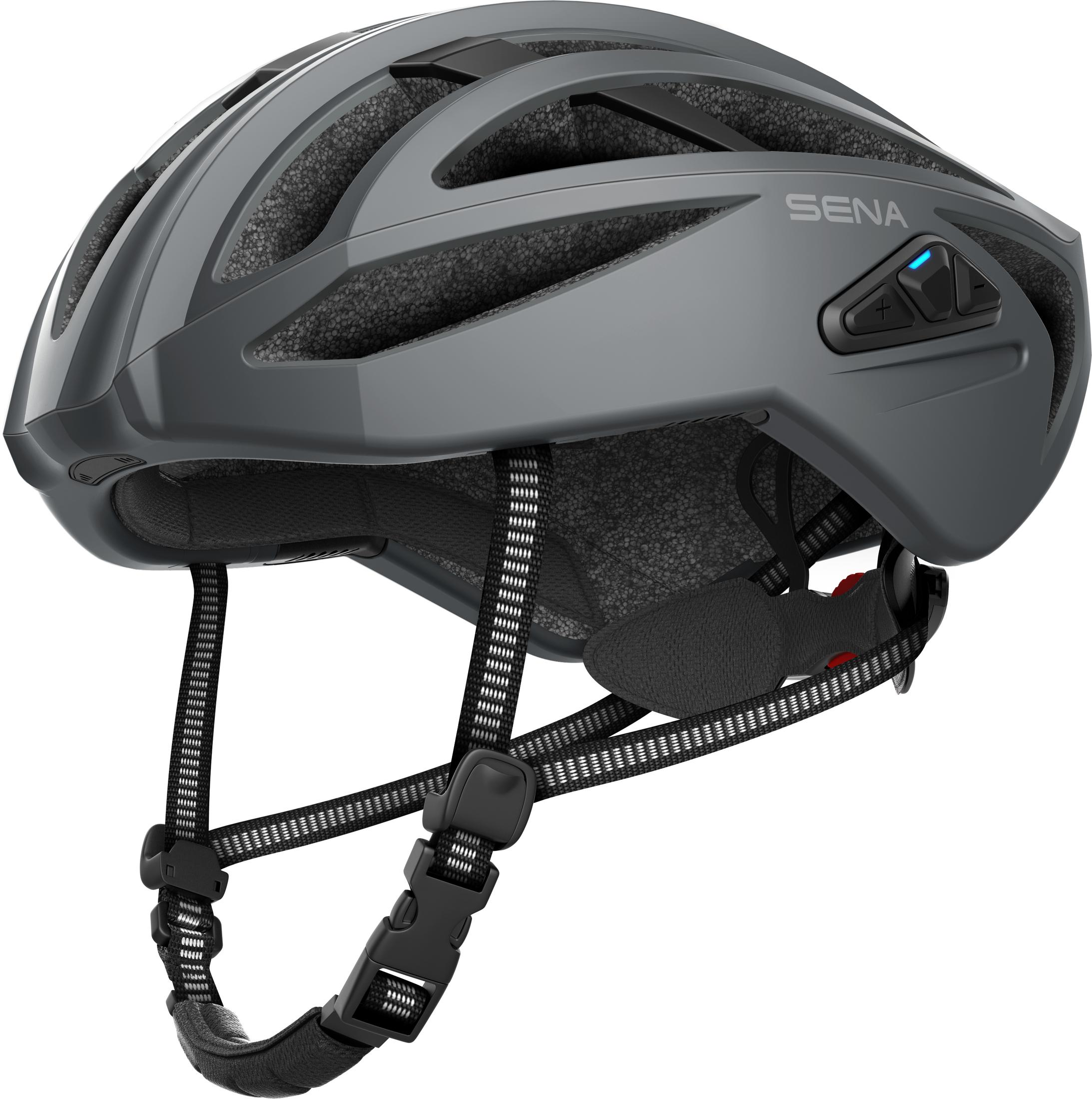 Grauer Sena-Fahrradhelm mit Riemen, Schnalle und Knöpfen, Seitenansicht.