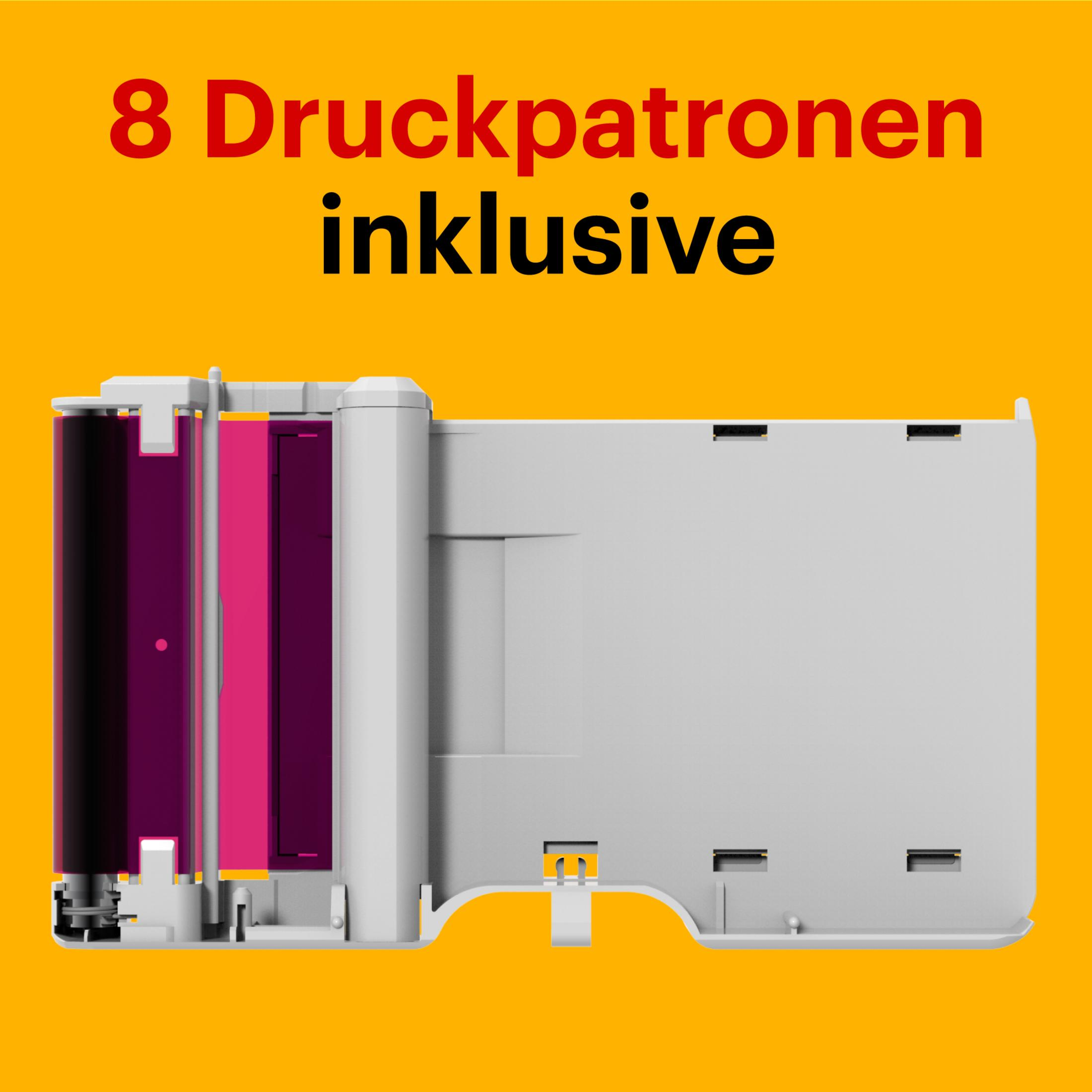 Druckerpatrone mit 8 Patronen. Der Text lautet '8 Druckpatronen inklusive' auf gelbem Hintergrund.