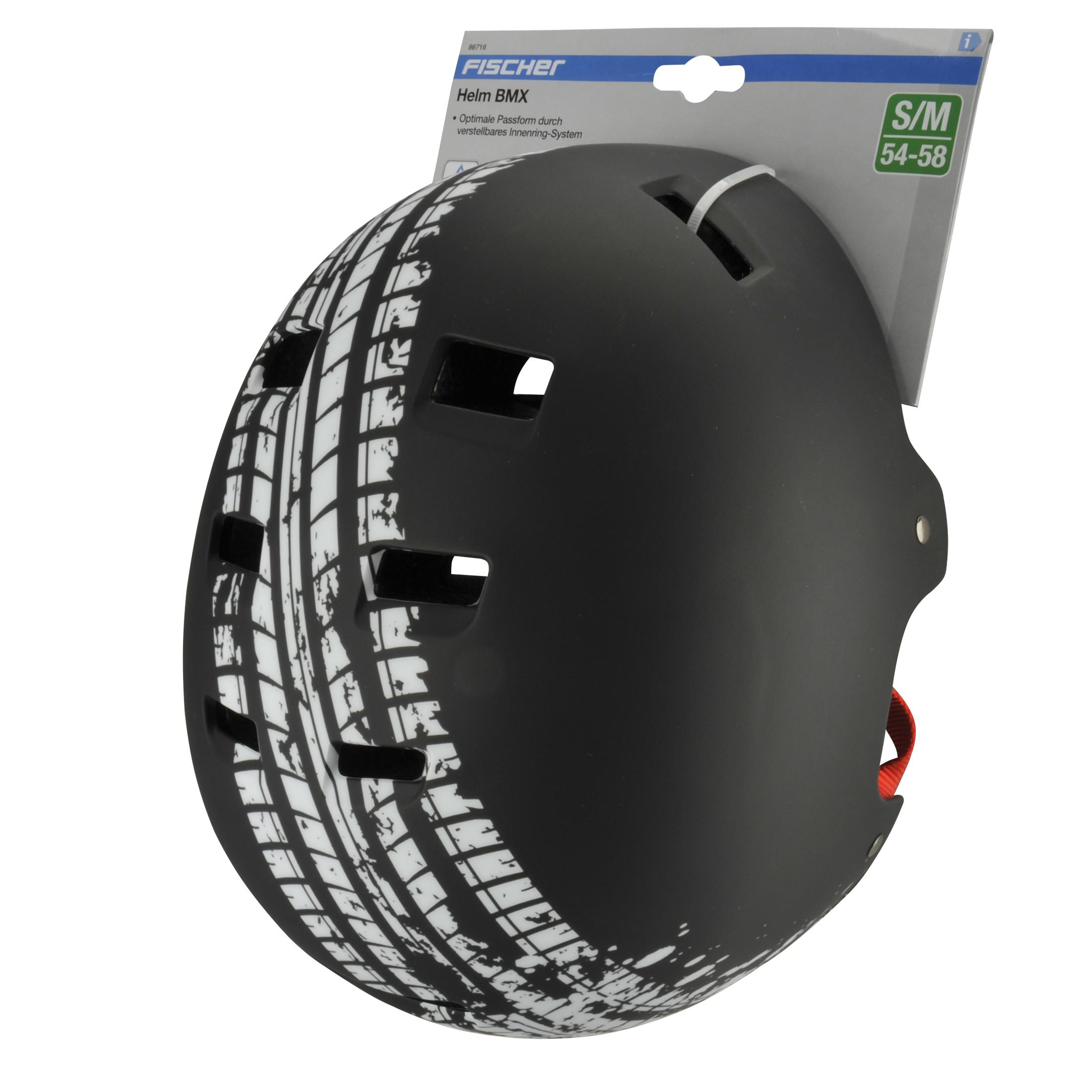 Schwarzer Fahrradhelm mit Reifenprofil-Design und einem Etikett.