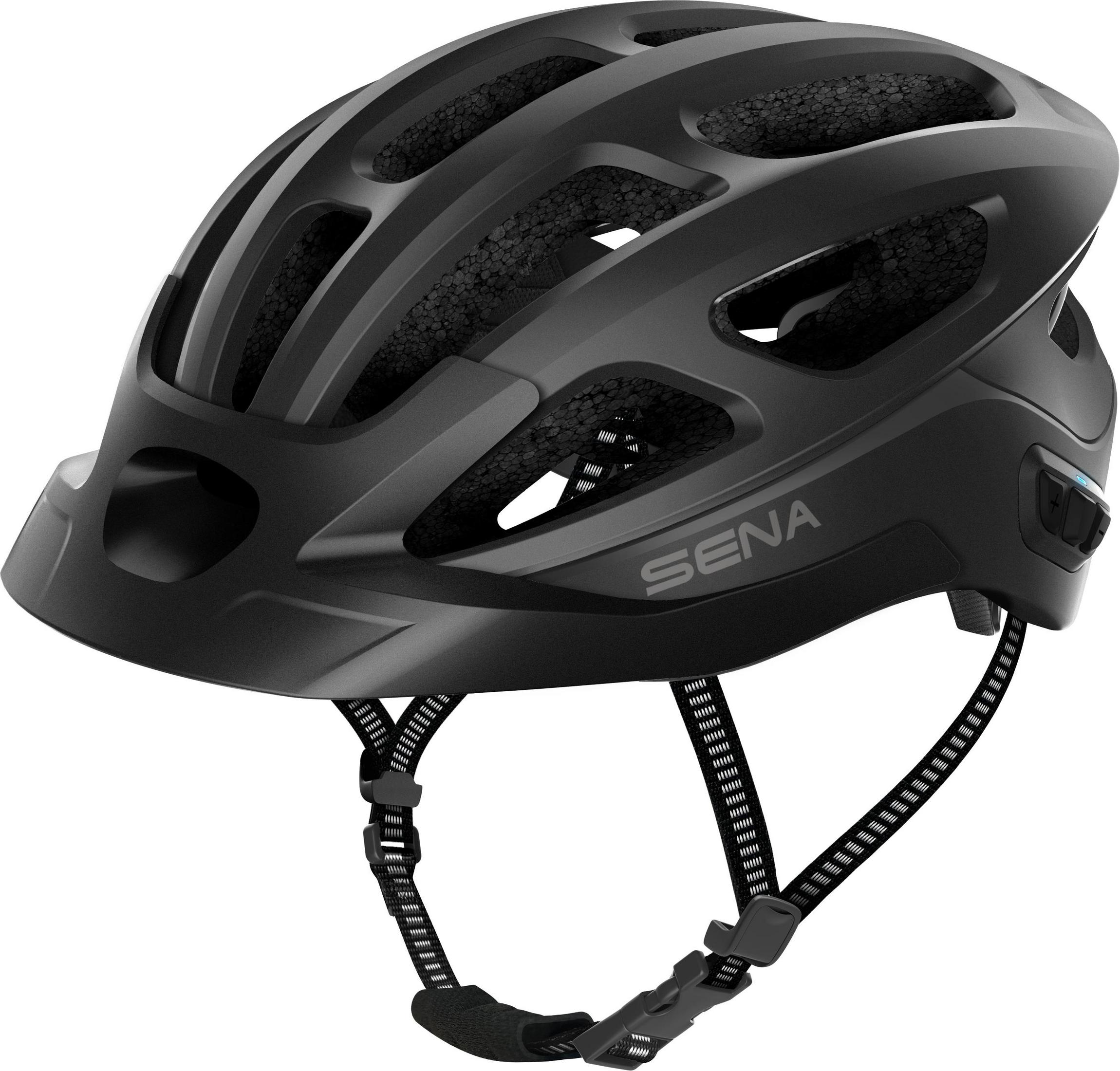 Un casco de bicicleta Sena negro con visera curva y la palabra 'Sena' impresa en él.