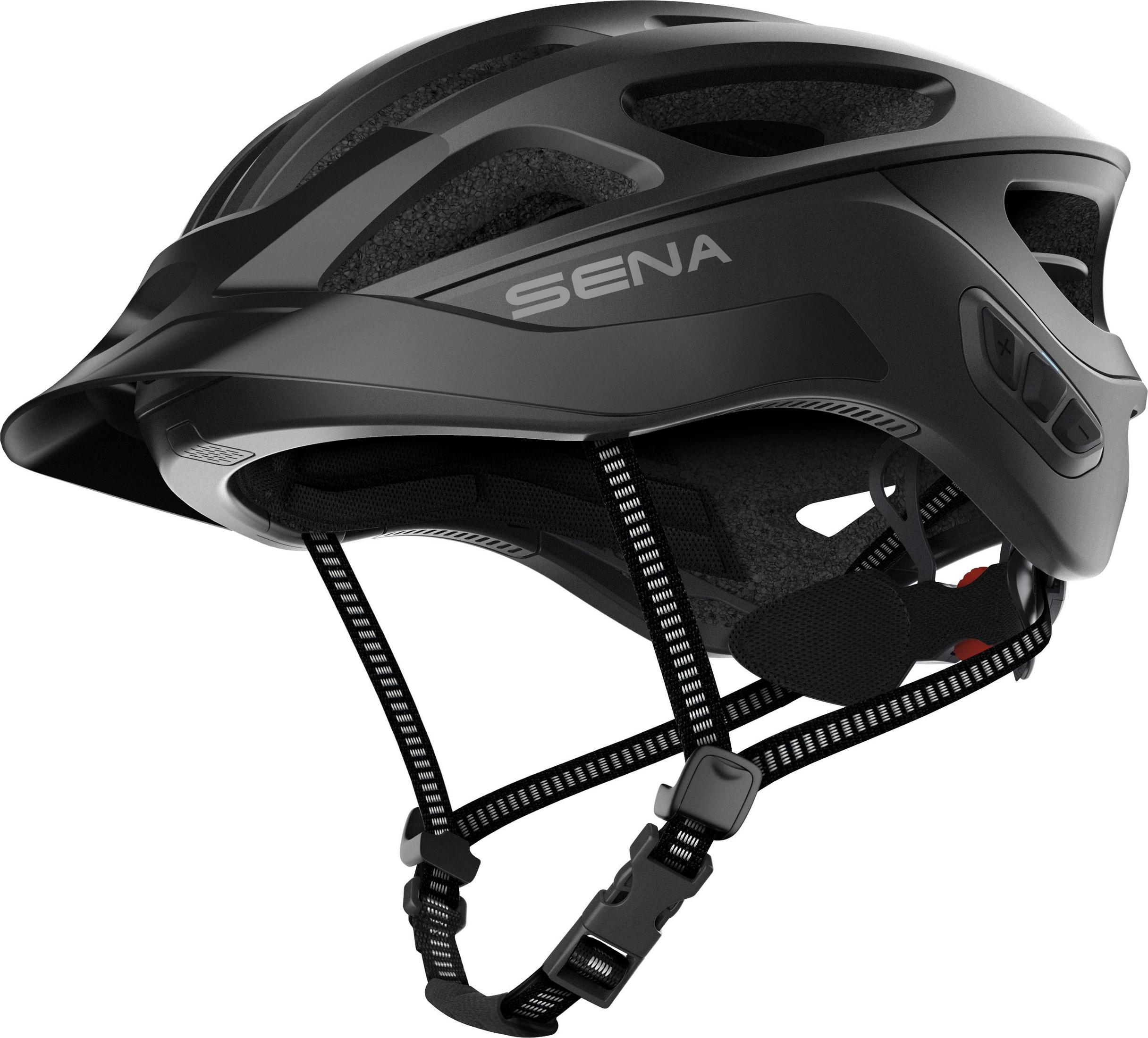 Casco Sena negro con correas ajustables y visera, sobre fondo blanco.