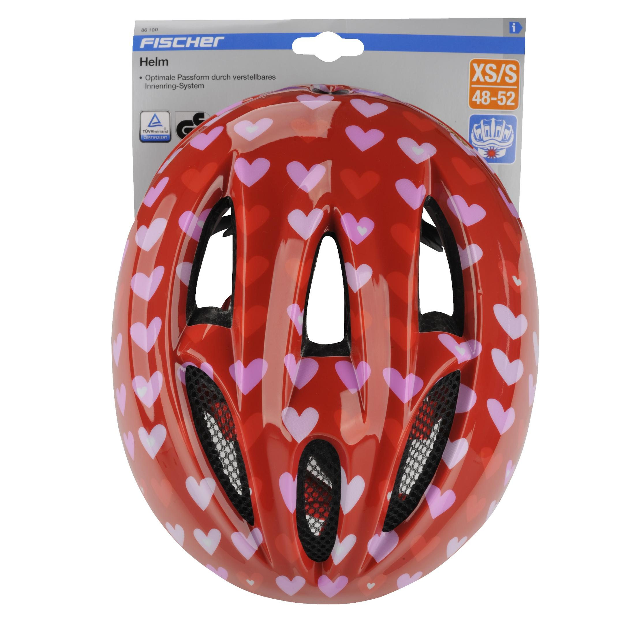 Roter Helm mit rosa und lila Herzen, mit Etikett.