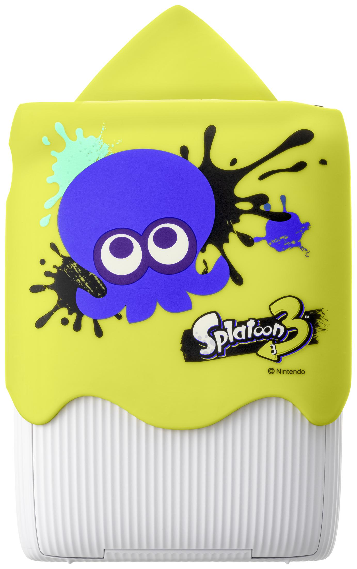 Gelber Instax-Drucker mit blauem Tintenfisch-Design. Er hat eine weiße Basis und das Splatoon 3-Logo.