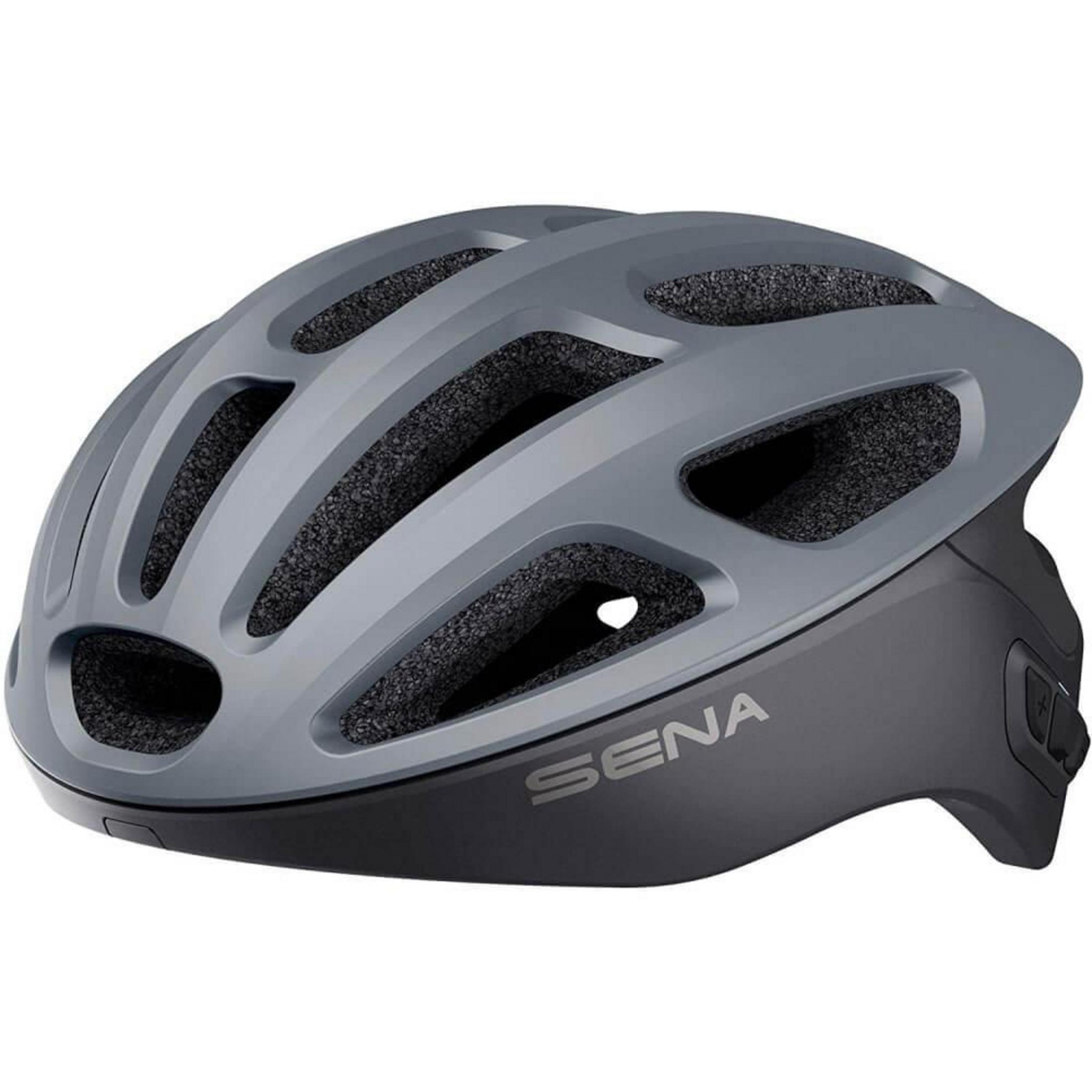 Grauer Sena-Fahrradhelm. Dunkelgraue Akzente. Weißer Hintergrund.
