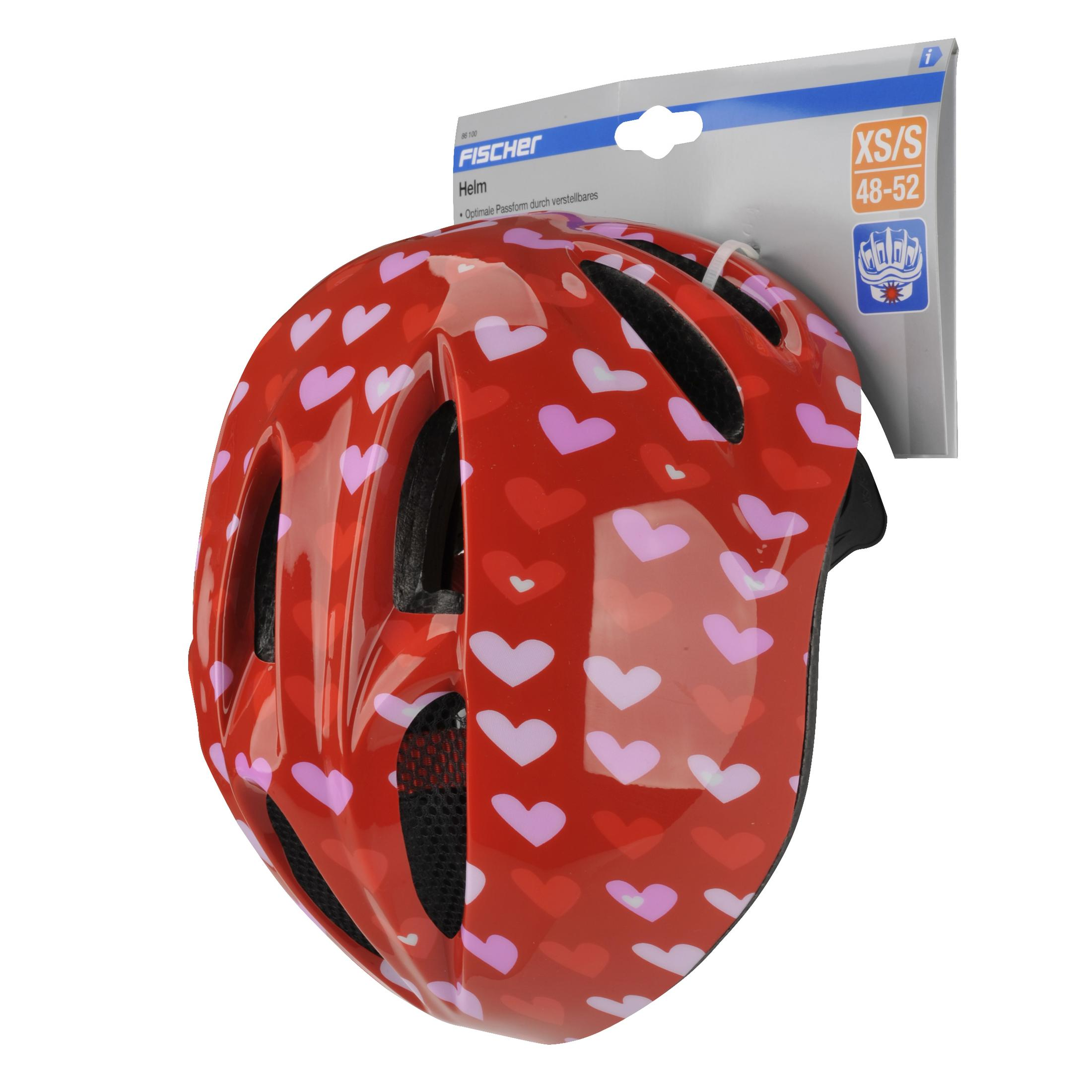Roter Helm mit rosa und weißen Herzen, auf einem weißen und blauen Etikett. Text: XS/S 48-52.