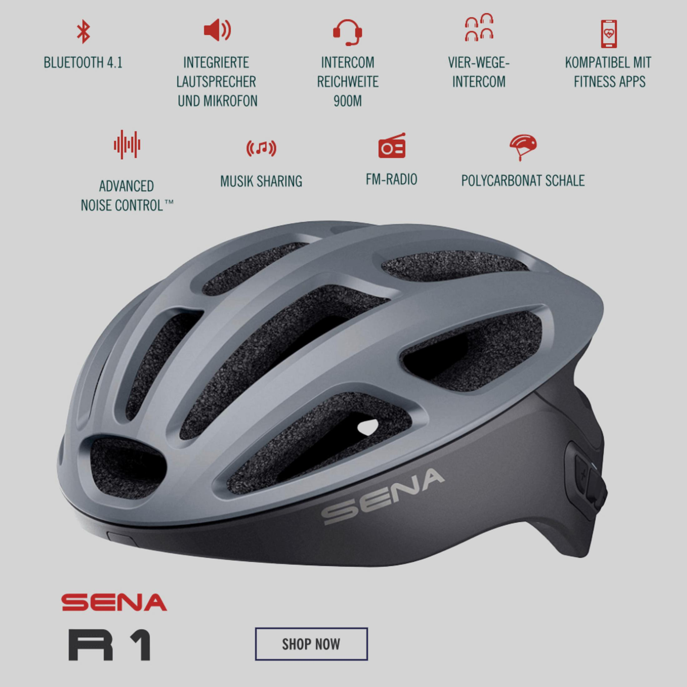 Ein grauer Fahrradhelm mit schwarzen Akzenten, zusammen mit Symbolen, die Funktionen anzeigen, und Text zum Helm.