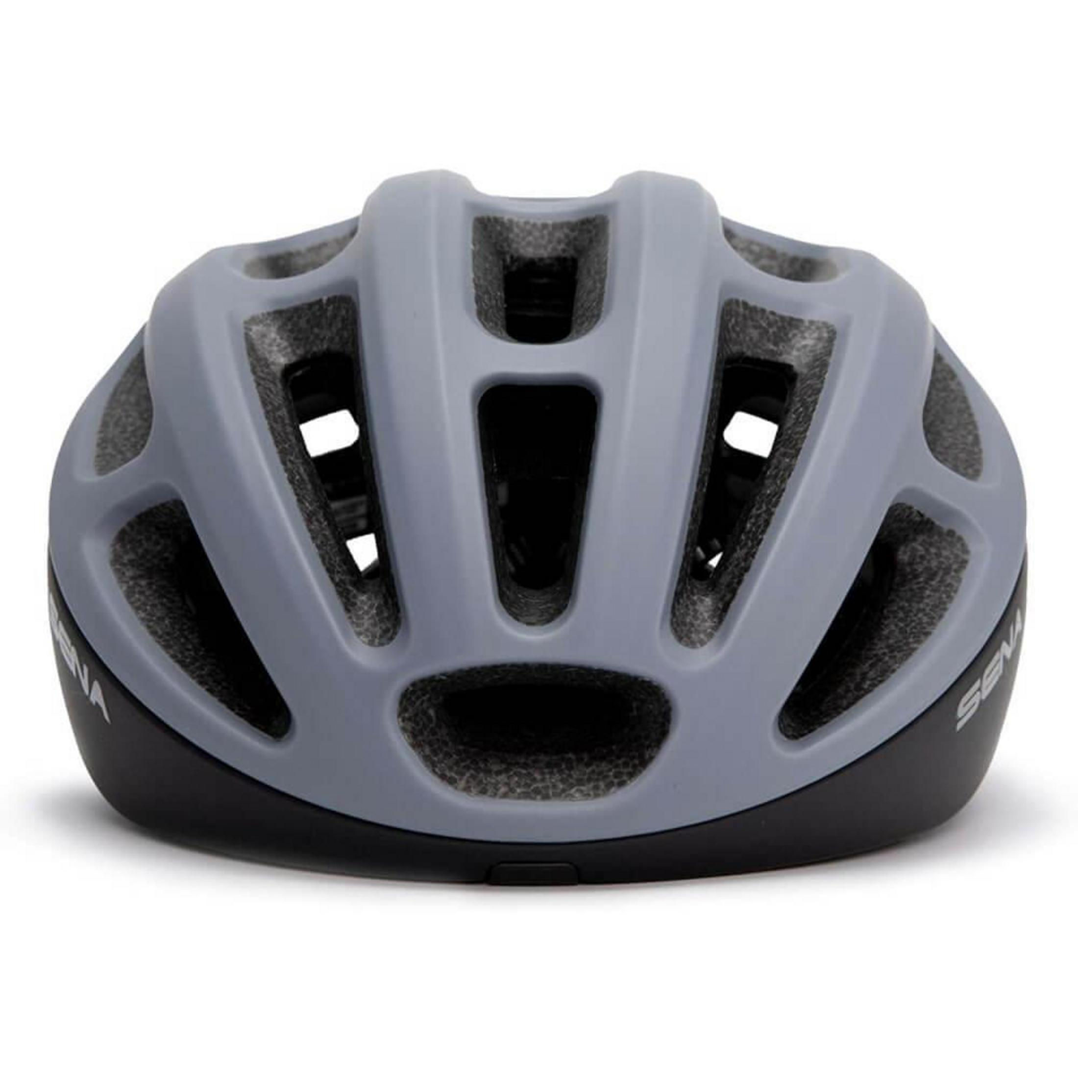 Grauer Fahrradhelm mit schwarzem Rand, von oben betrachtet, vor weißem Hintergrund.