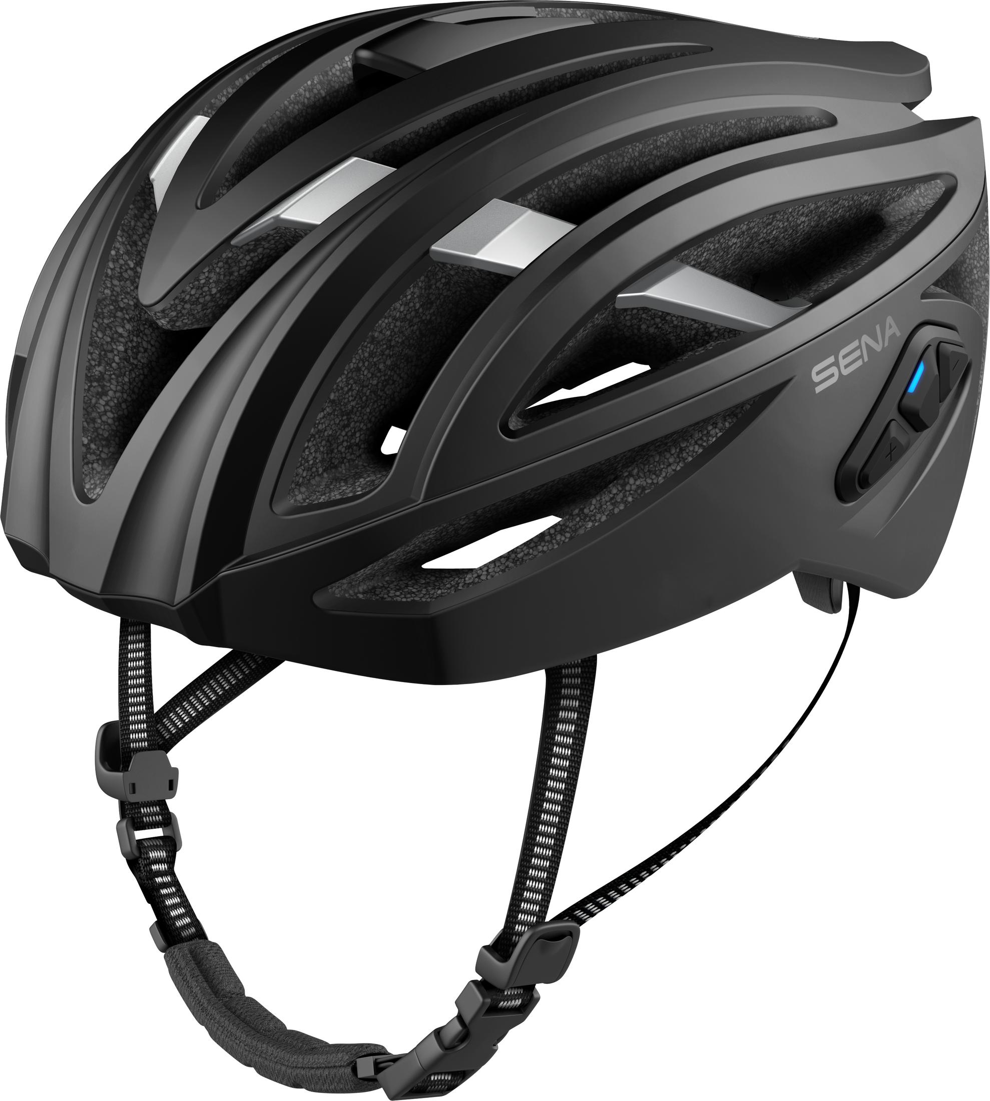 Schwarzer Fahrradhelm mit Lichtern und Sena-Logo.