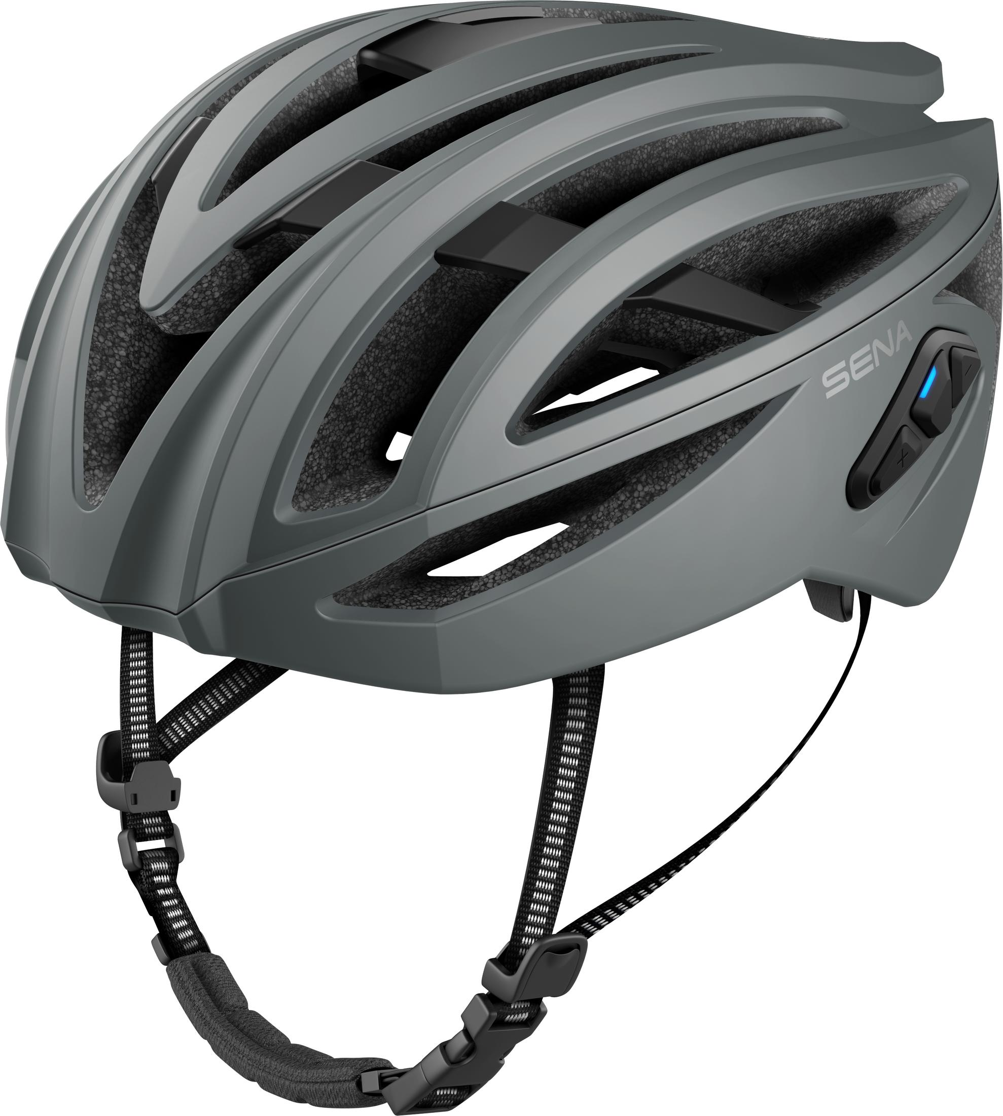 Ein grauer Fahrradhelm mit schwarzen Riemen und dem Wort SENA an der Seite.
