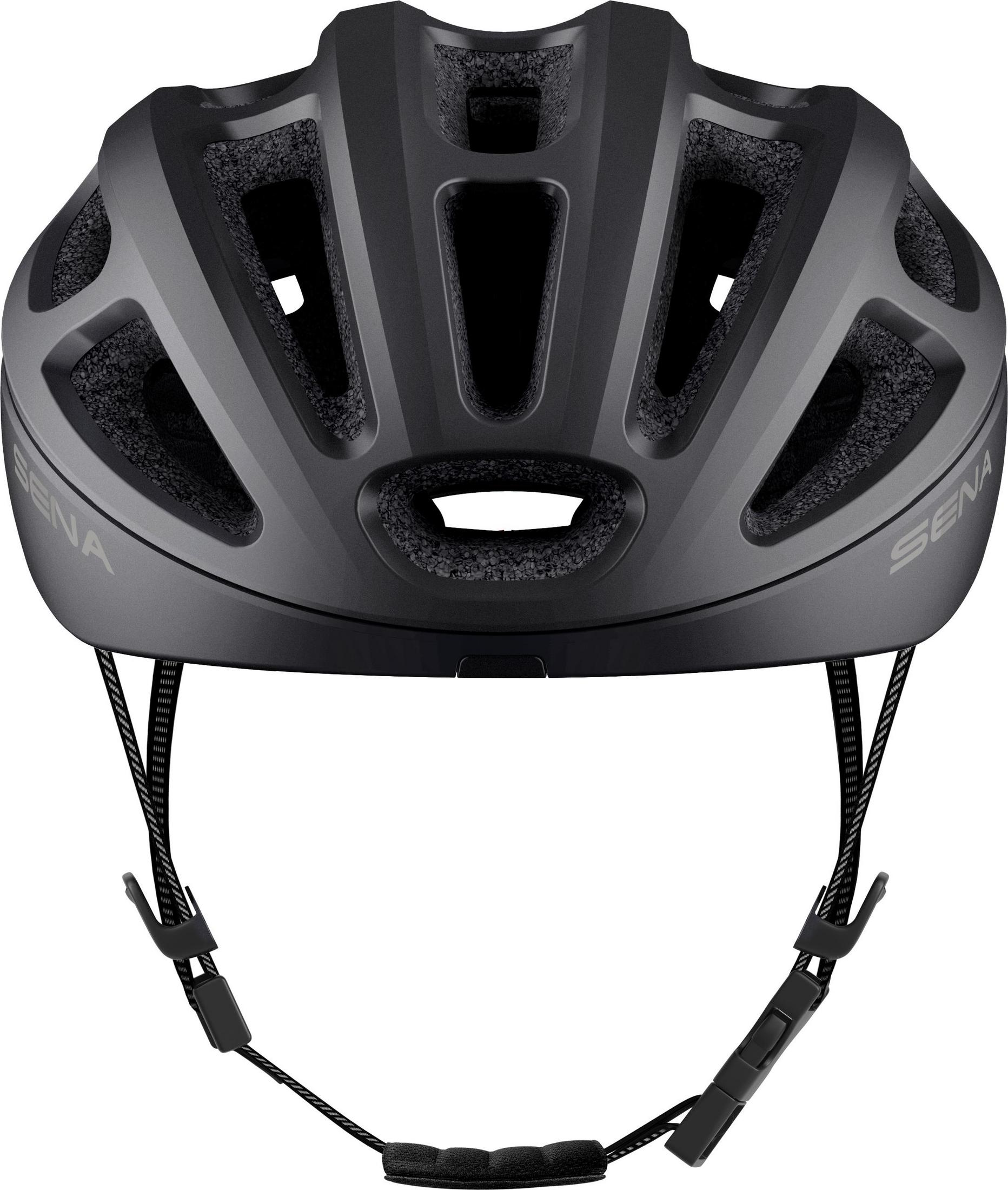 Casco de bicicleta negro mate con el logotipo de Sena. Tiene una correa de barbilla negra.