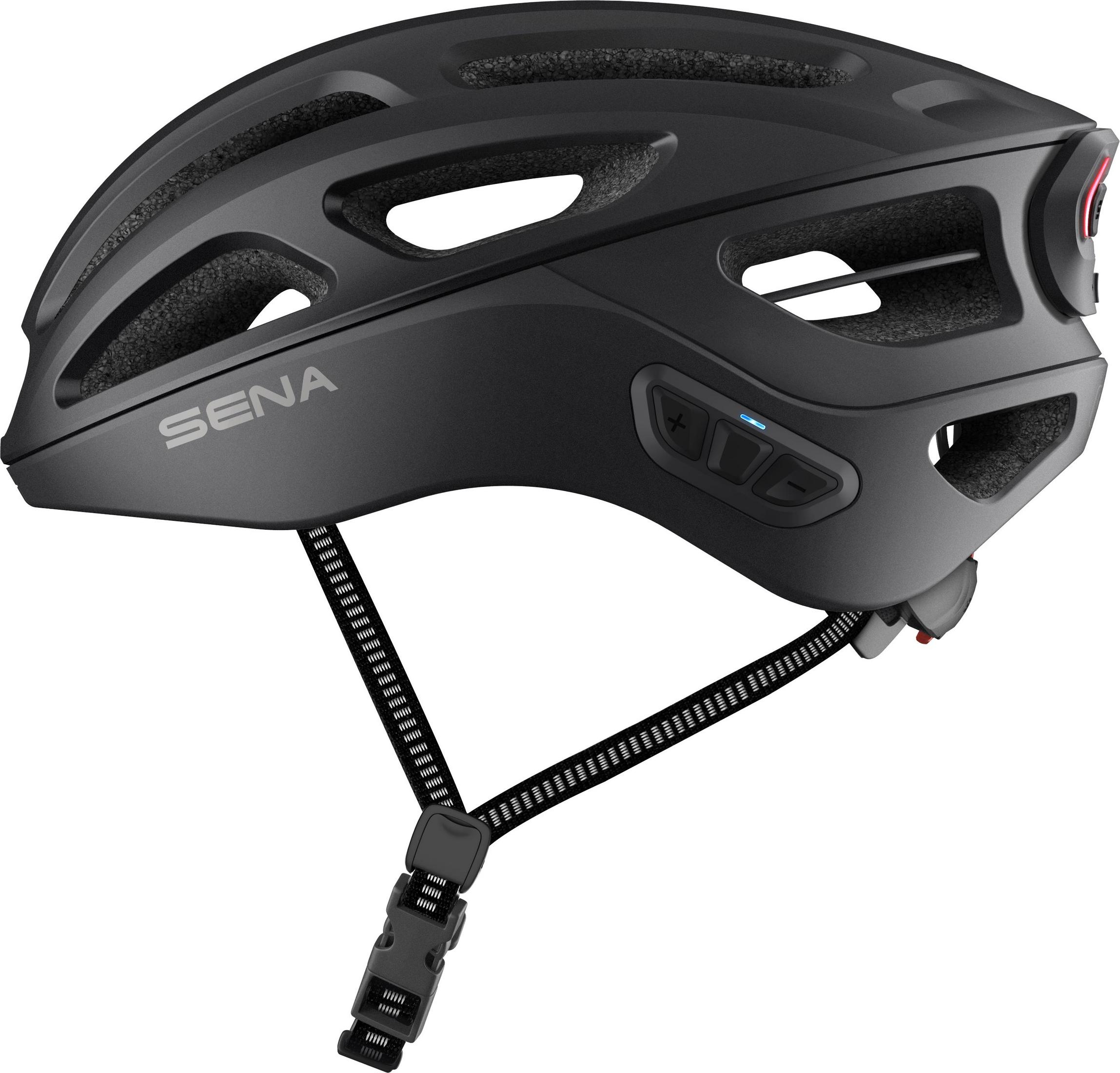 Un casco de bicicleta negro con la marca Sena y correa, vista lateral.