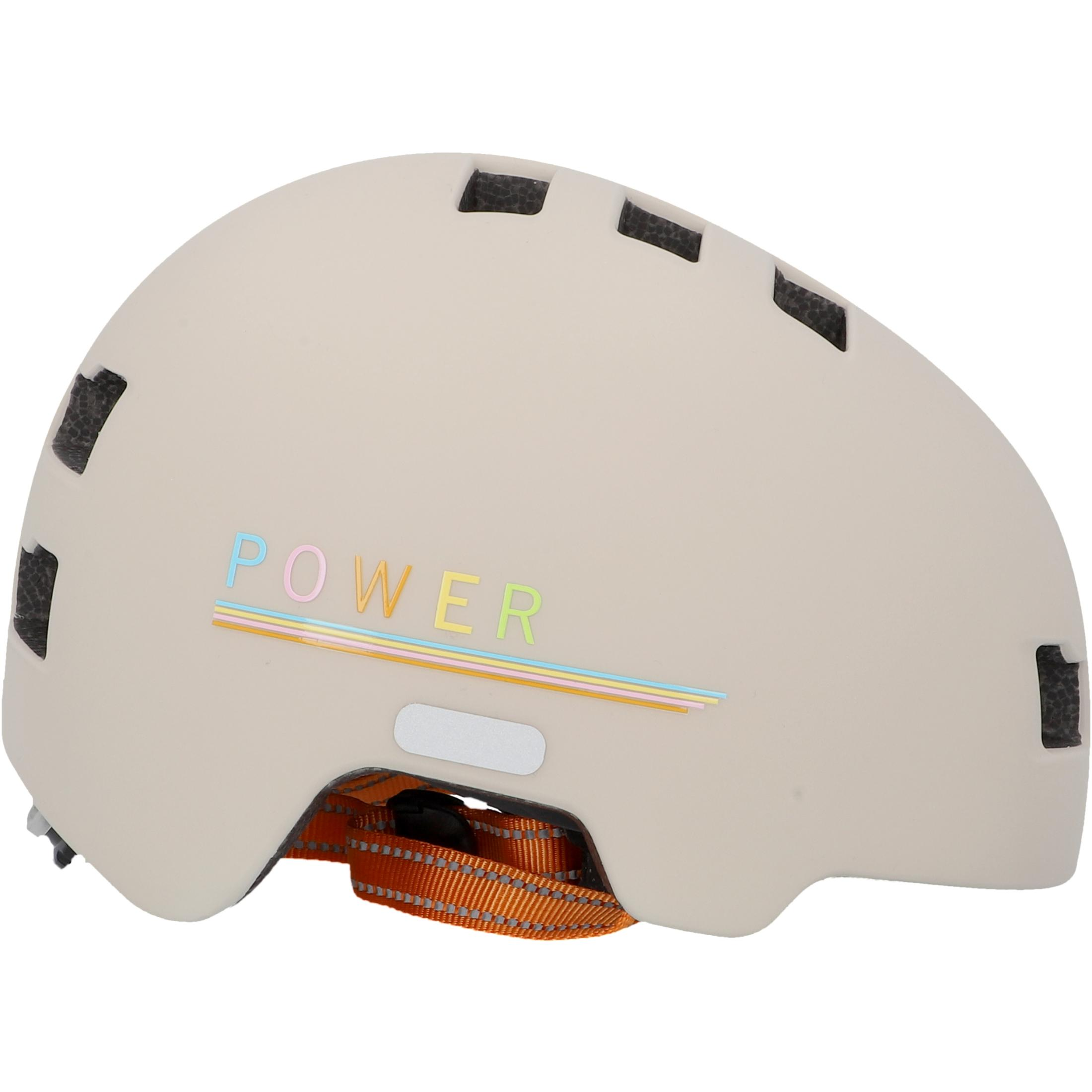 Beiger Fahrradhelm mit dem Wort "POWER" in bunten Buchstaben an der Seite.