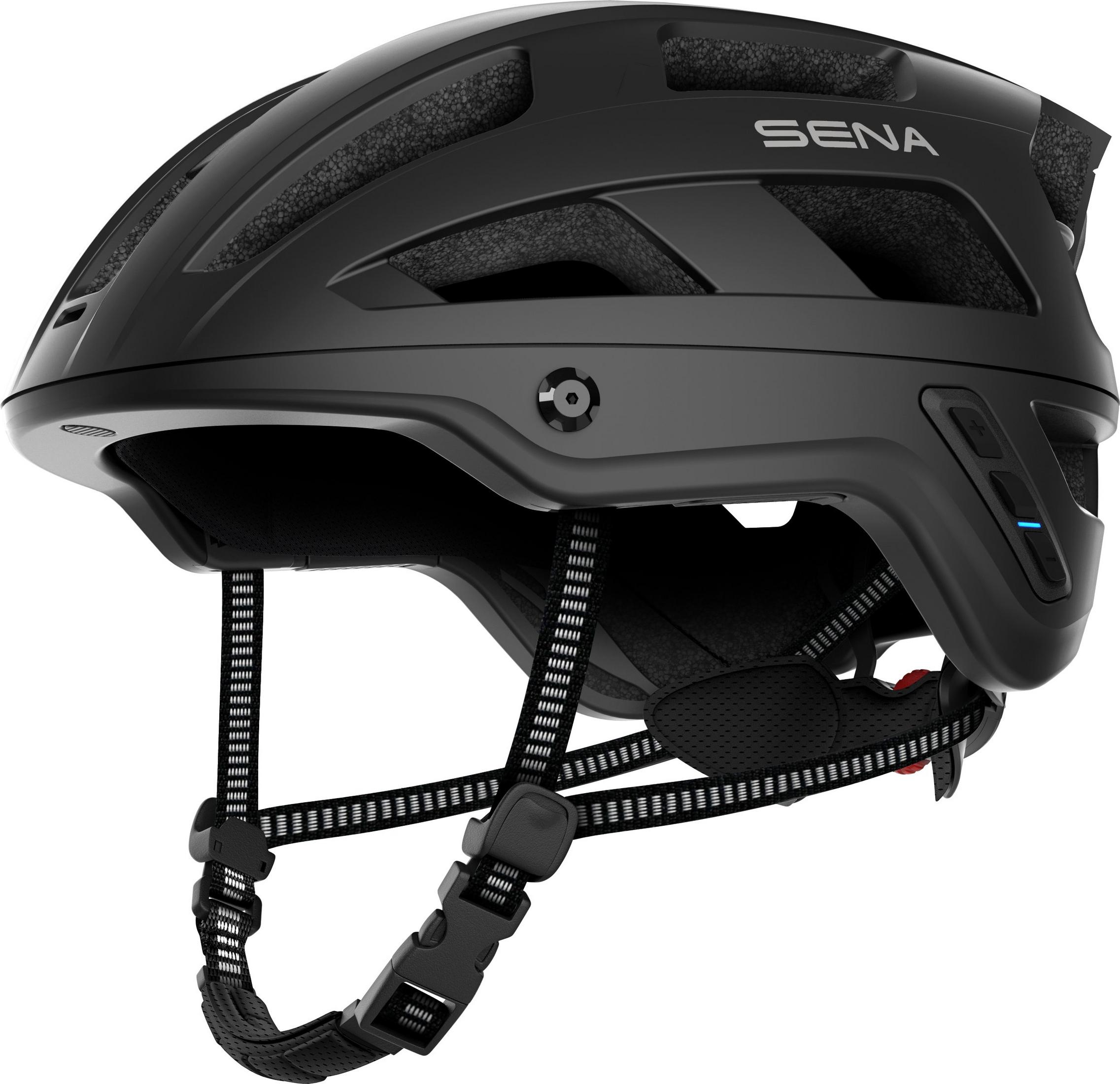 Schwarzer Fahrradhelm mit Sena-Logo, Seitenansicht.
