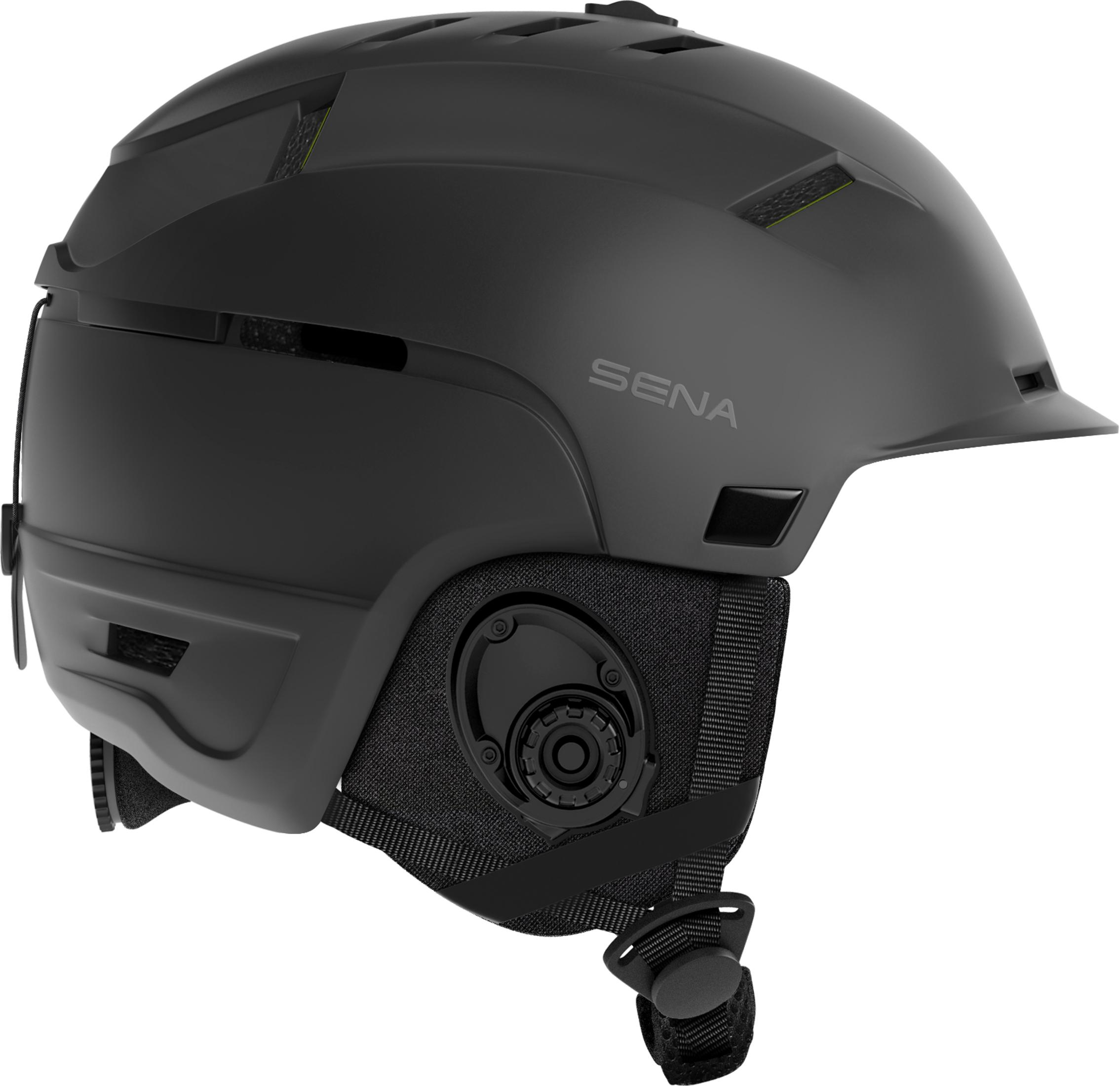 Casco de esquí negro con el logotipo de Sena. Fondo gris.