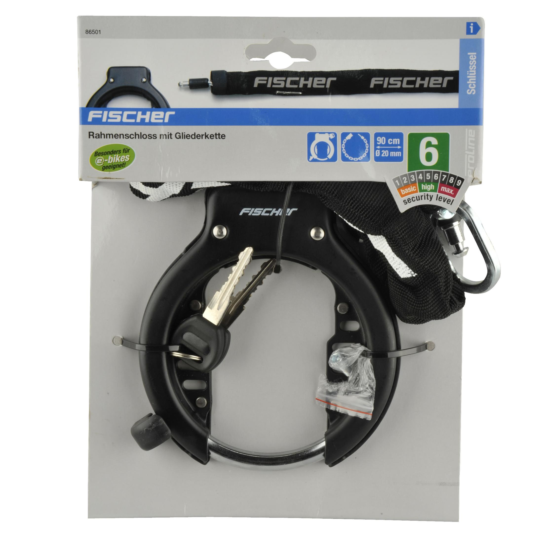 Fahrradschloss-Set in Verpackung. Enthält Schloss, Kette und Schlüssel auf weißem Hintergrund.
