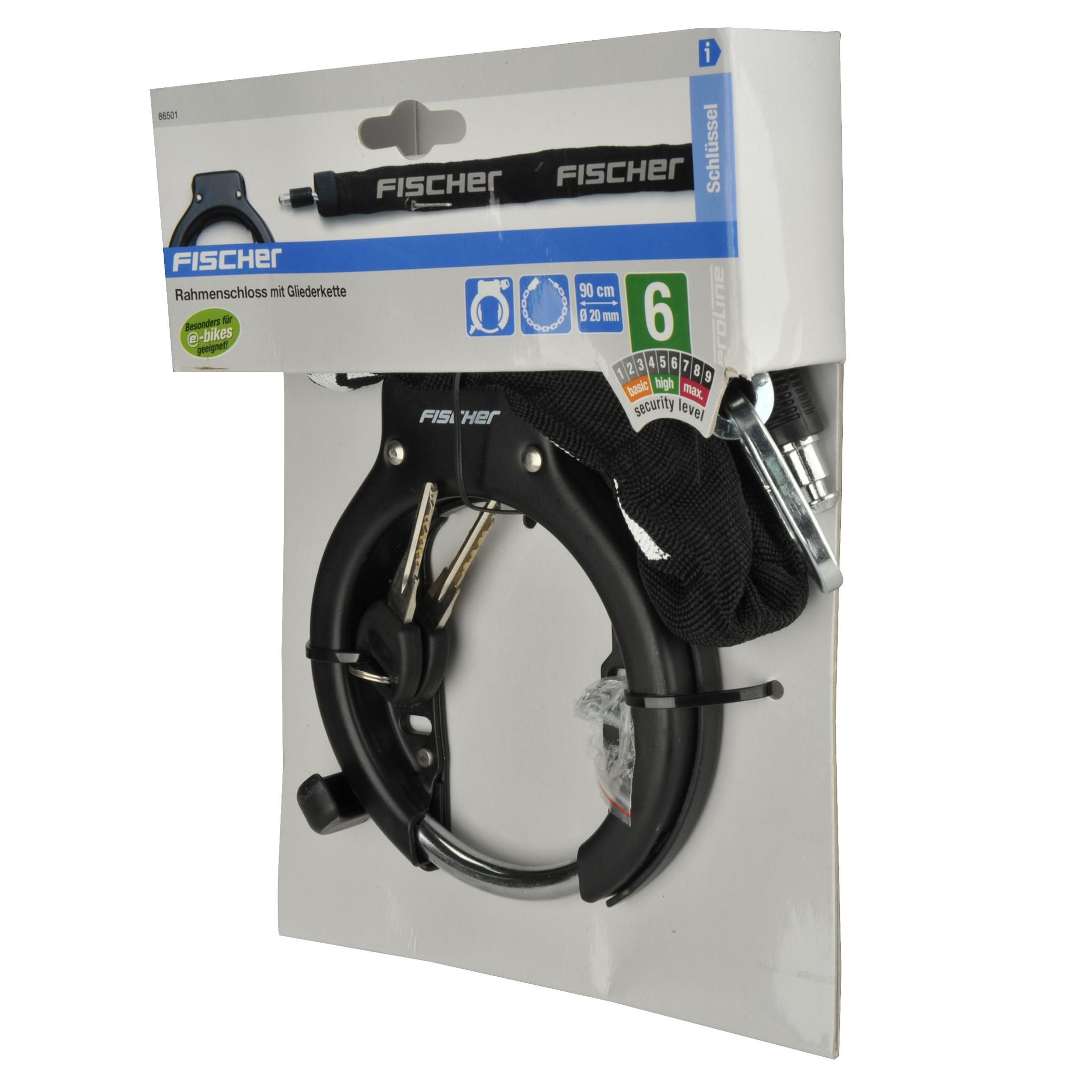 Ein Fahrradschloss mit Schlüsseln auf einer Kartonverpackung.