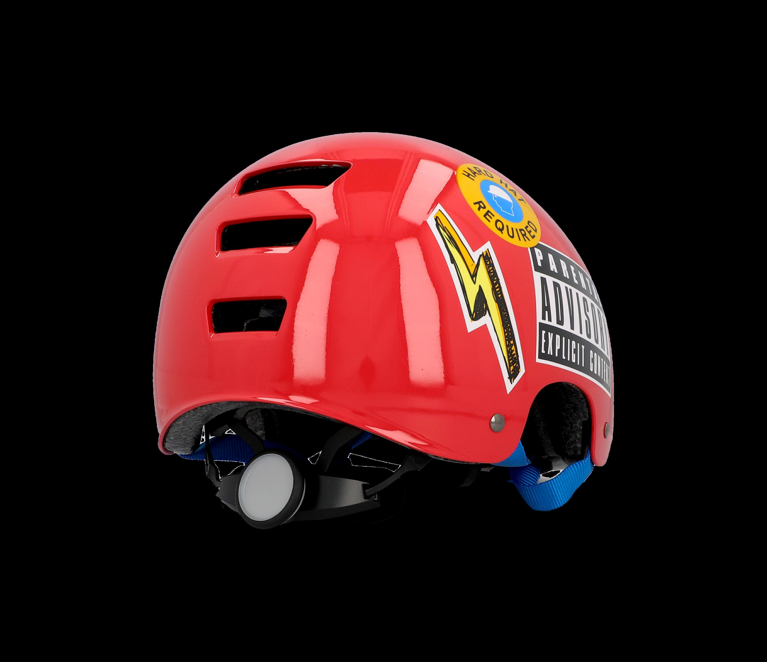 Roter Helm mit Aufklebern, schwarzer Hintergrund.