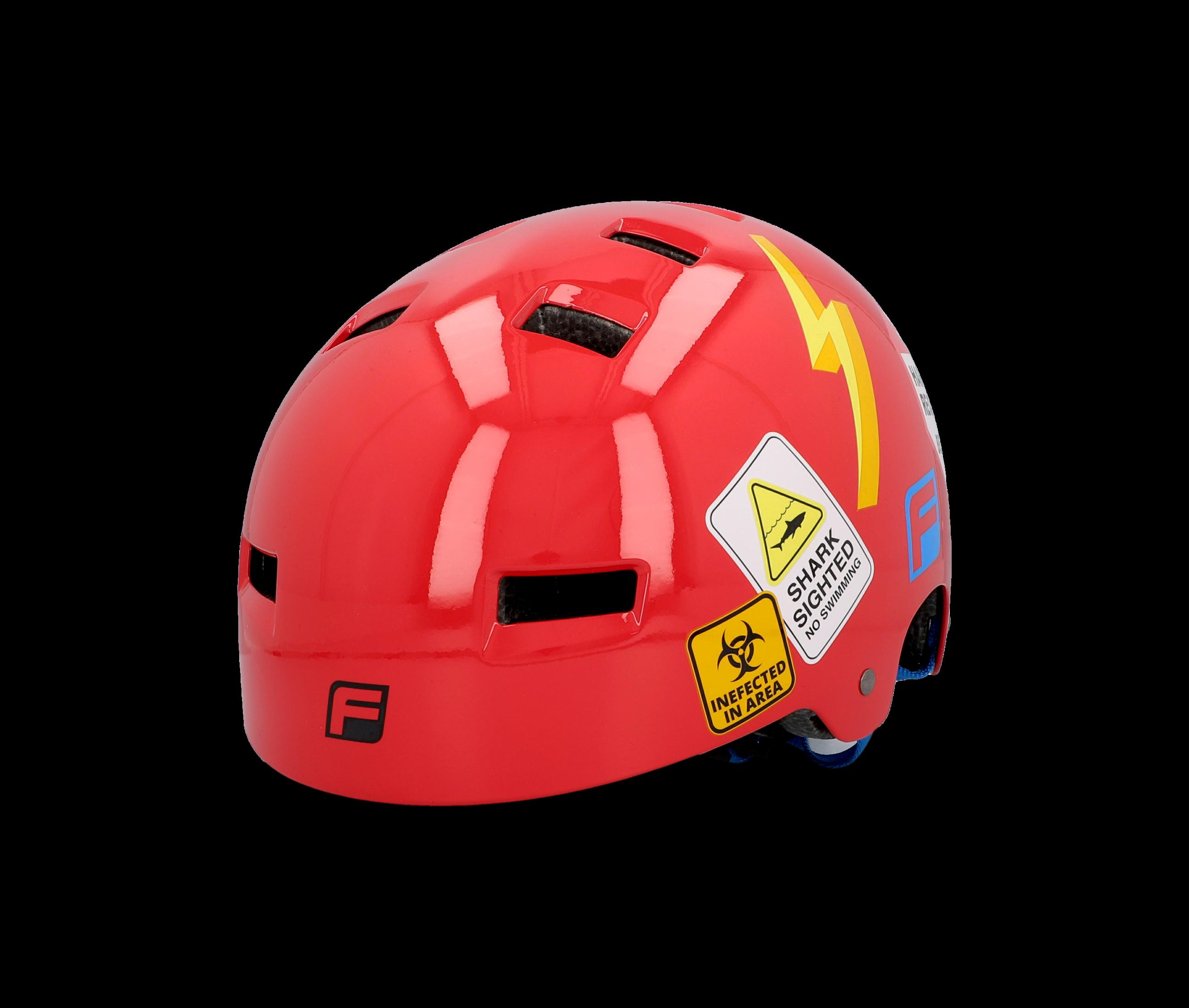 Roter Fahrradhelm mit Aufklebern, darunter ein Blitz und eine Hai-Warnung.