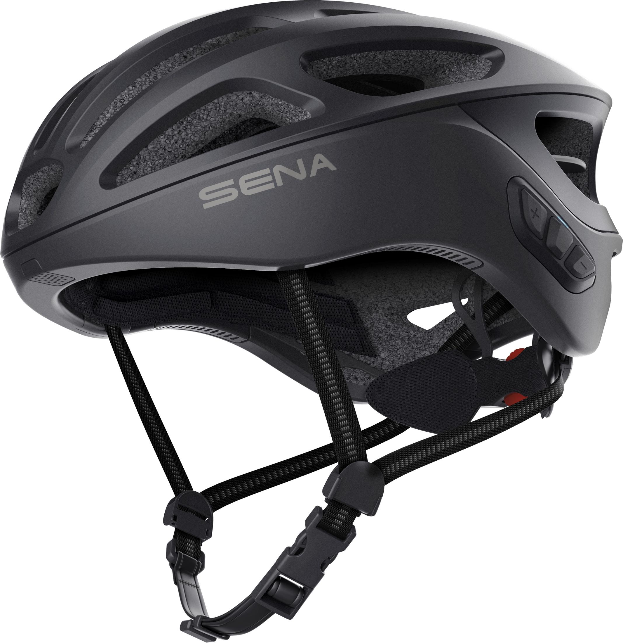Schwarzer Fahrradhelm mit 'SENA'-Logo. Er hat Riemen und eine Schnalle.