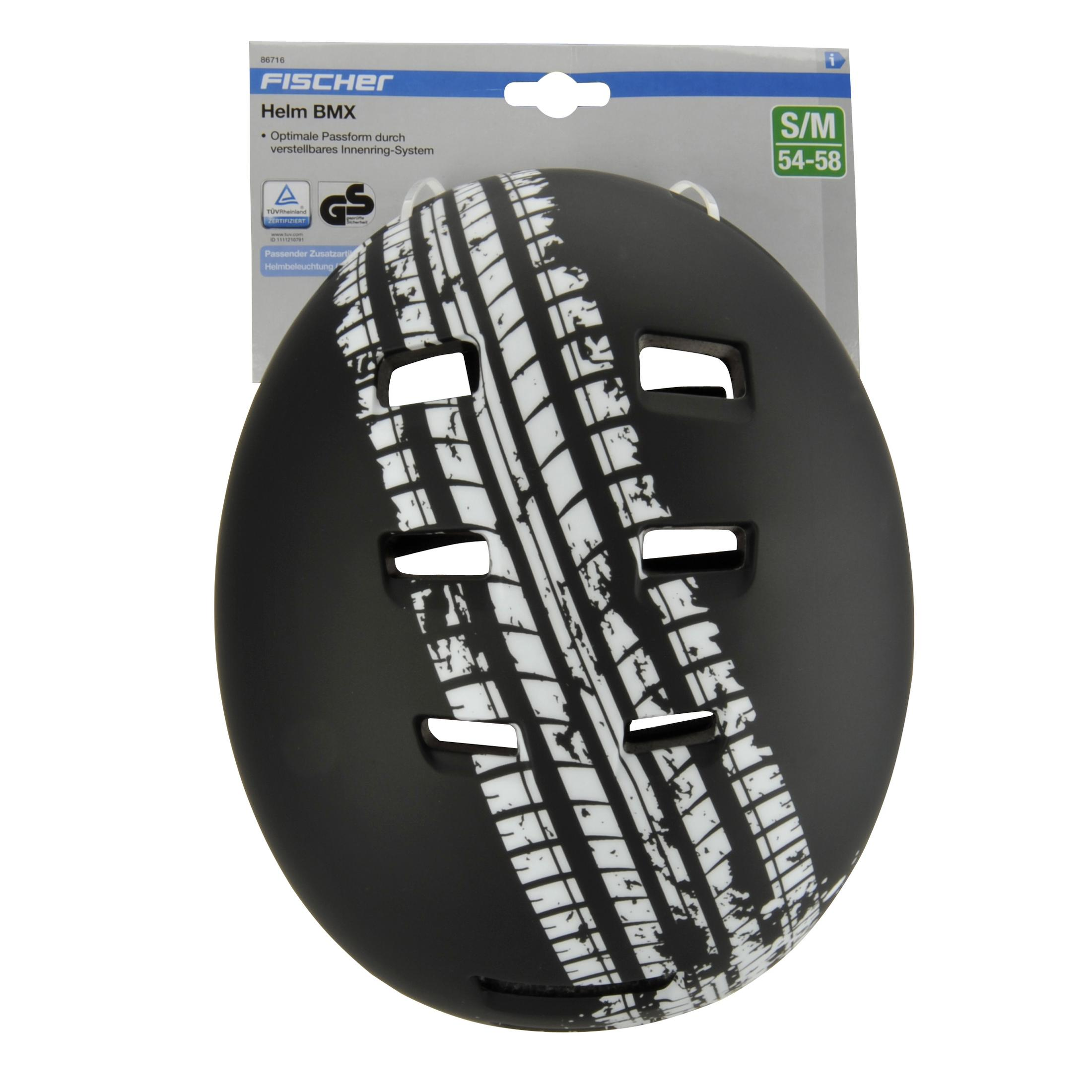Schwarzer BMX-Helm mit weißem Reifenprofil-Design auf weißem Hintergrund.