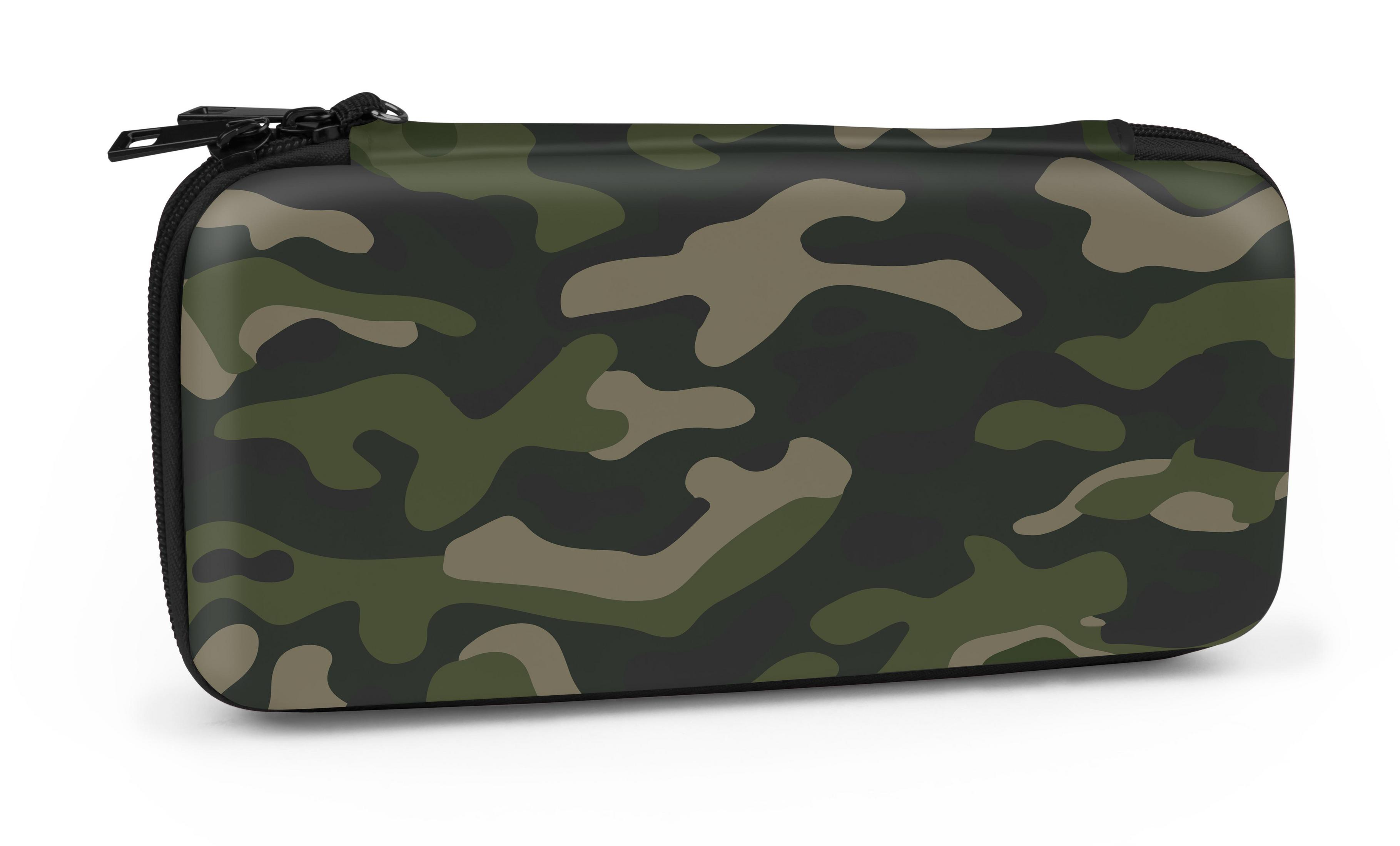 Tarnmuster-Etui für ein Gerät mit schwarzem Reißverschluss.