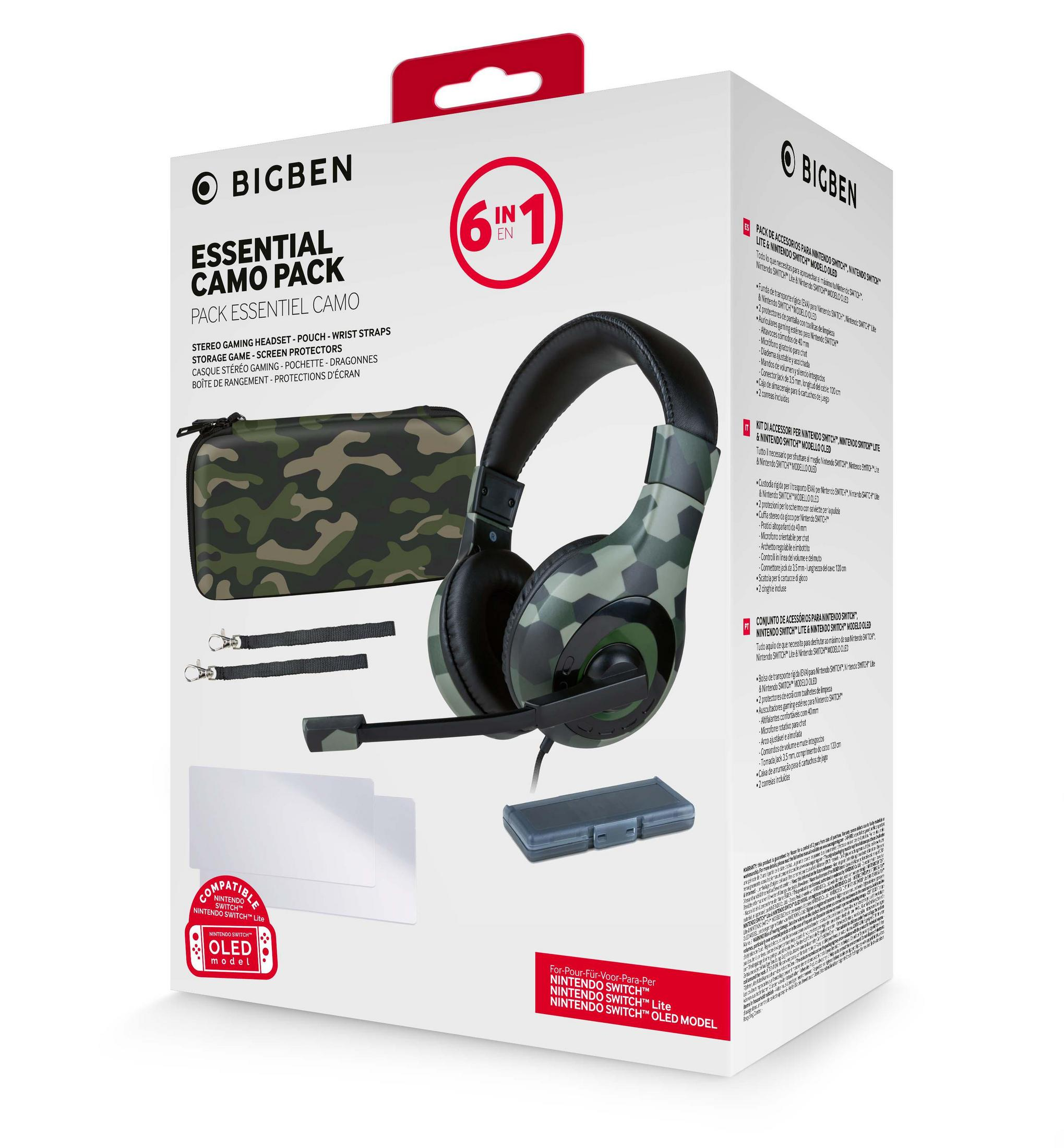 Box mit Gaming-Headset und Zubehör. Tarnmuster. Bigben-Logo sichtbar.