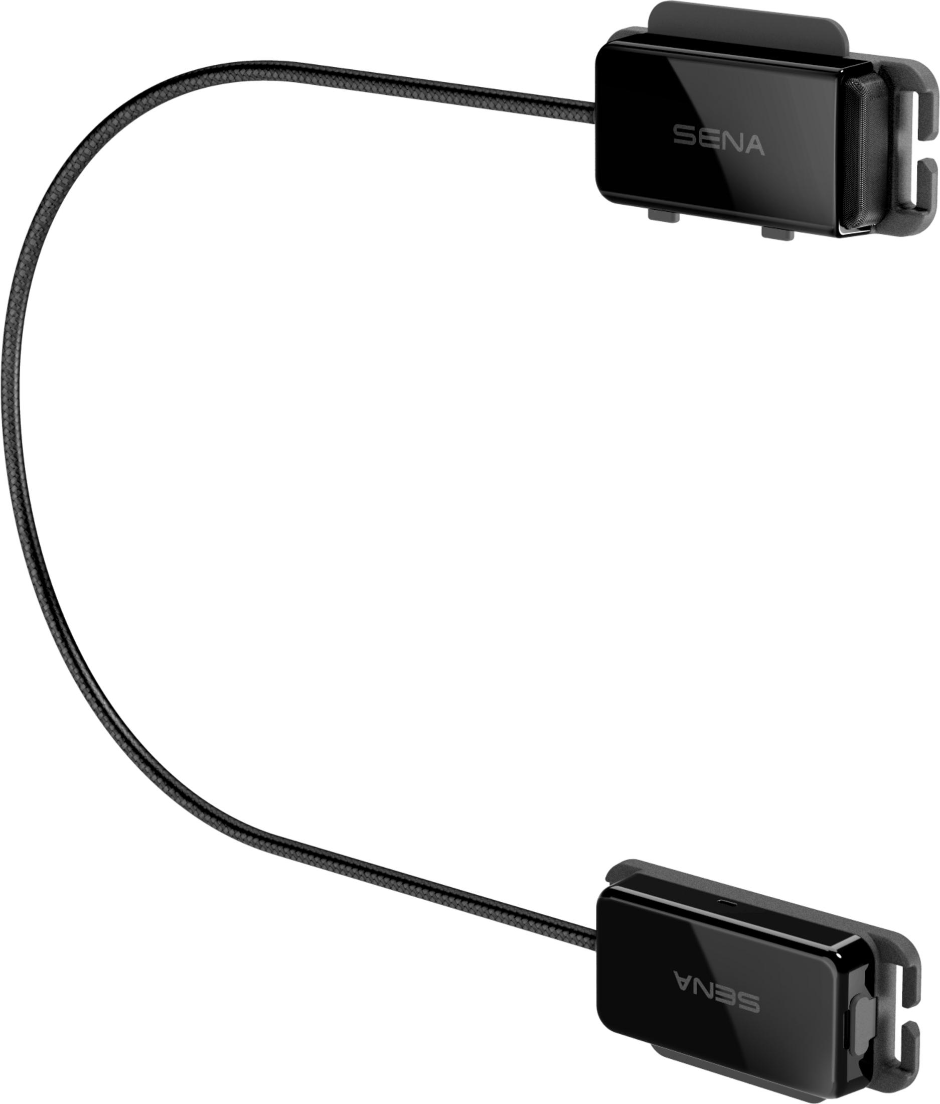 Zwei schwarze Sena-Kommunikationsgeräte, verbunden durch ein schwarzes Kabel.